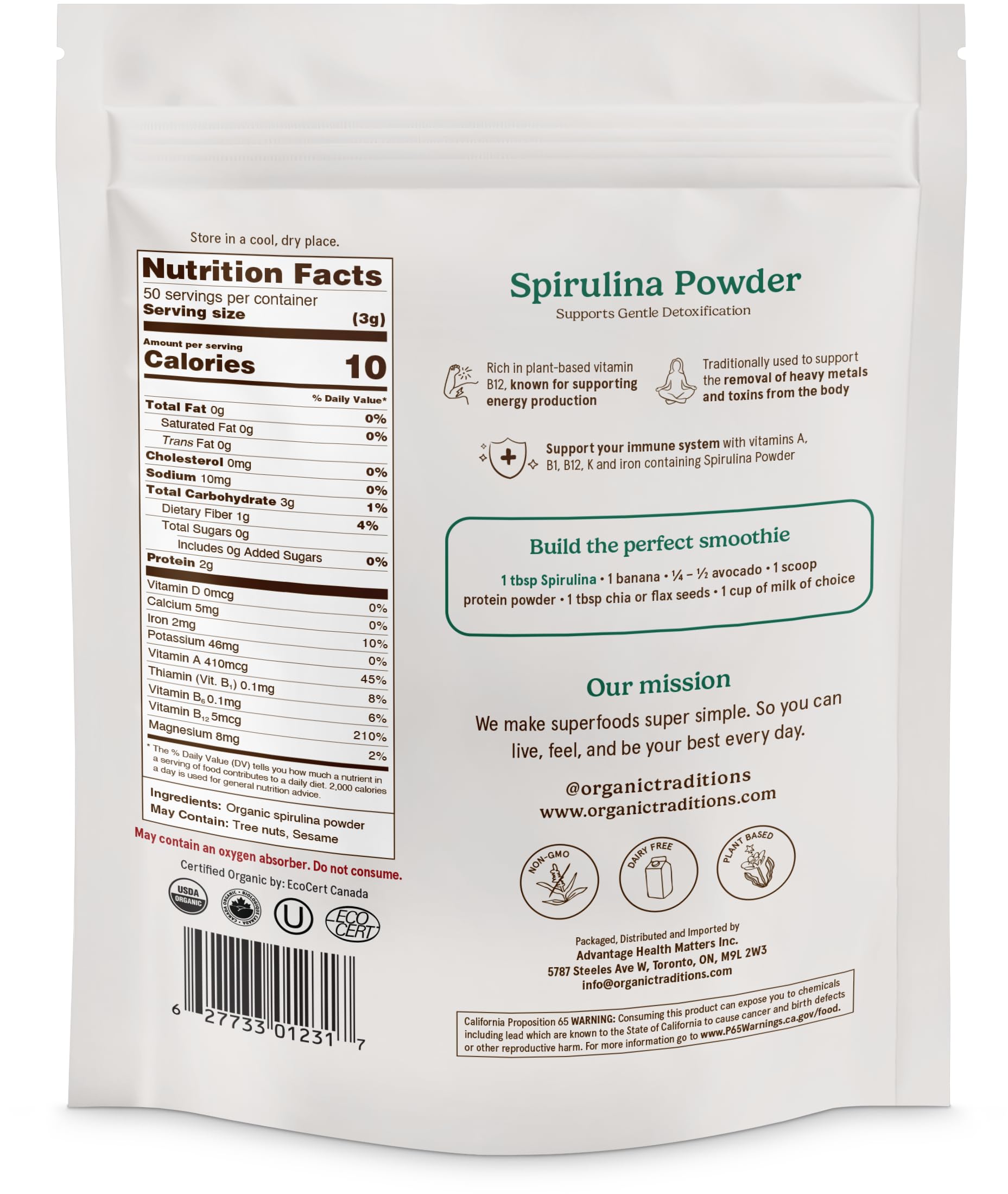 Textura fina de Organic Traditions Spirulina lista para mezclar en batidos