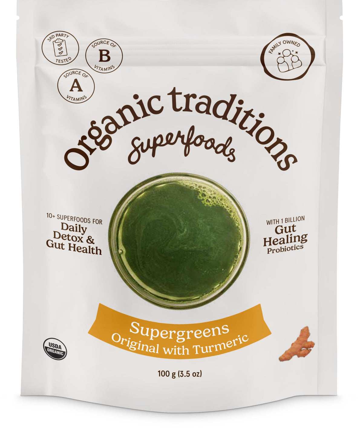 Organic Traditions Super Greens con cúrcuma en botella, listo para energizar el día