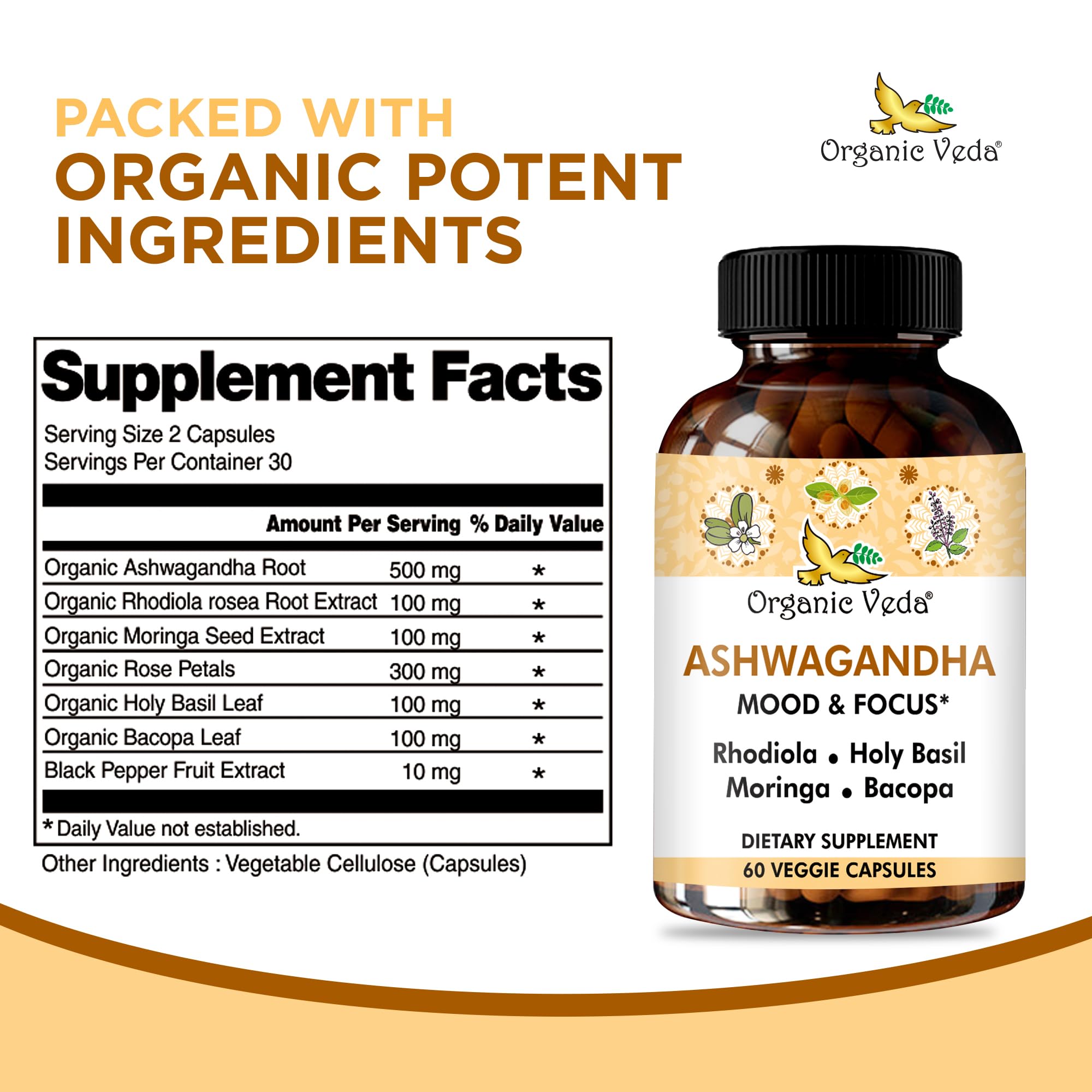 Organic Veda Ashwagandha, cápsulas veganas, uso diario para enfoque suave.
