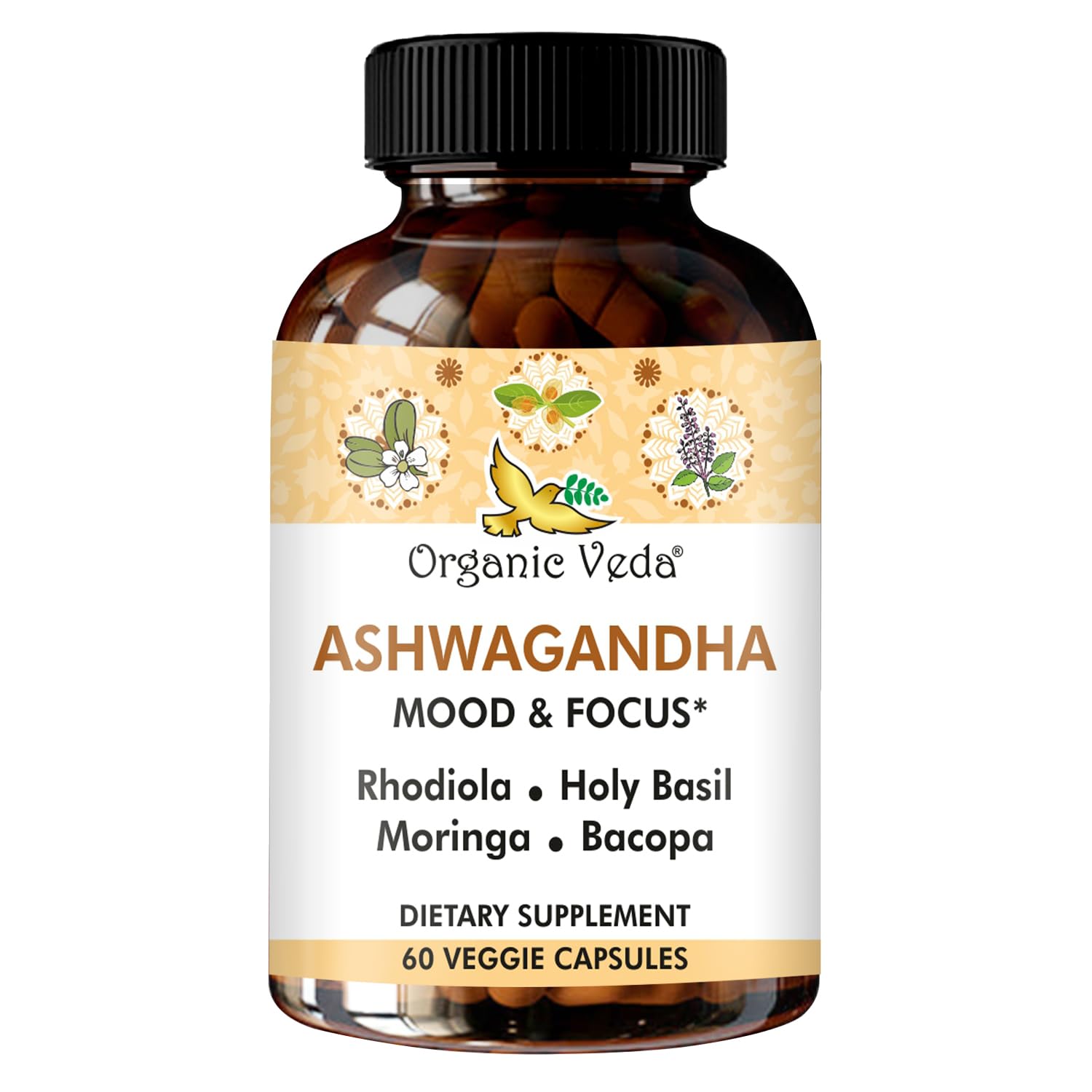 Organic Veda Ashwagandha, botella, apoyo suave para el equilibrio emocional diario.