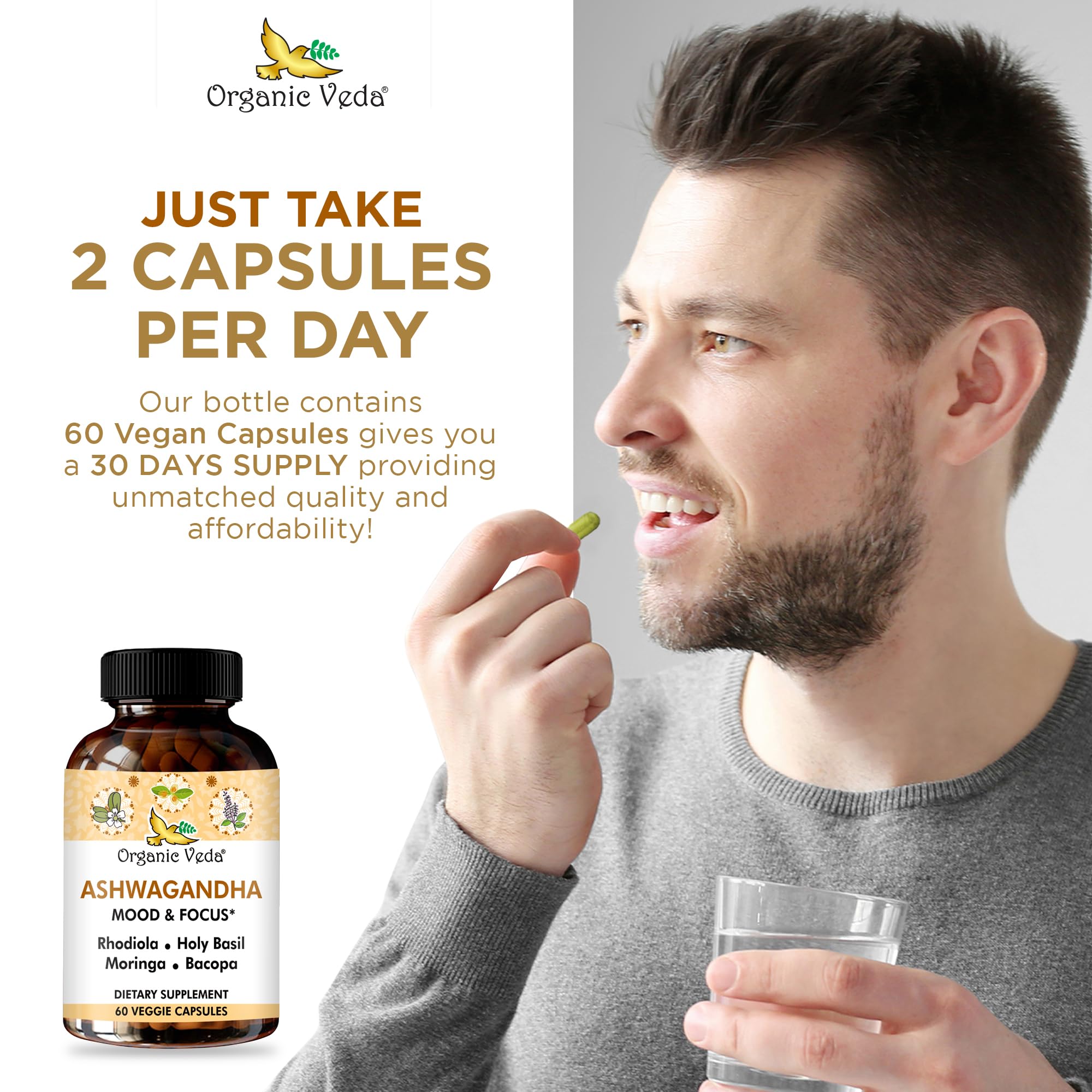 Organic Veda Ashwagandha, rhodiola, cápsulas energizantes para mayor claridad.