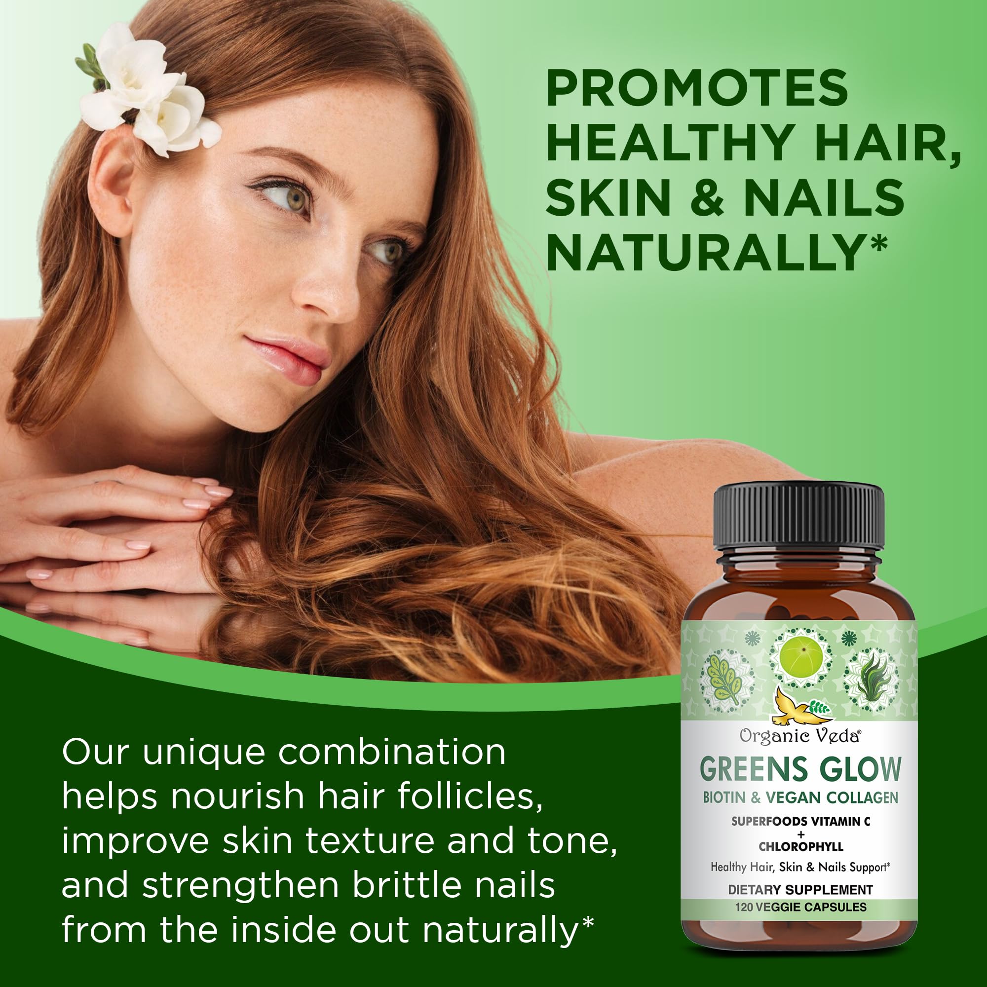 Organic Veda Greens Glow, frasco elegante listo para la rutina diaria