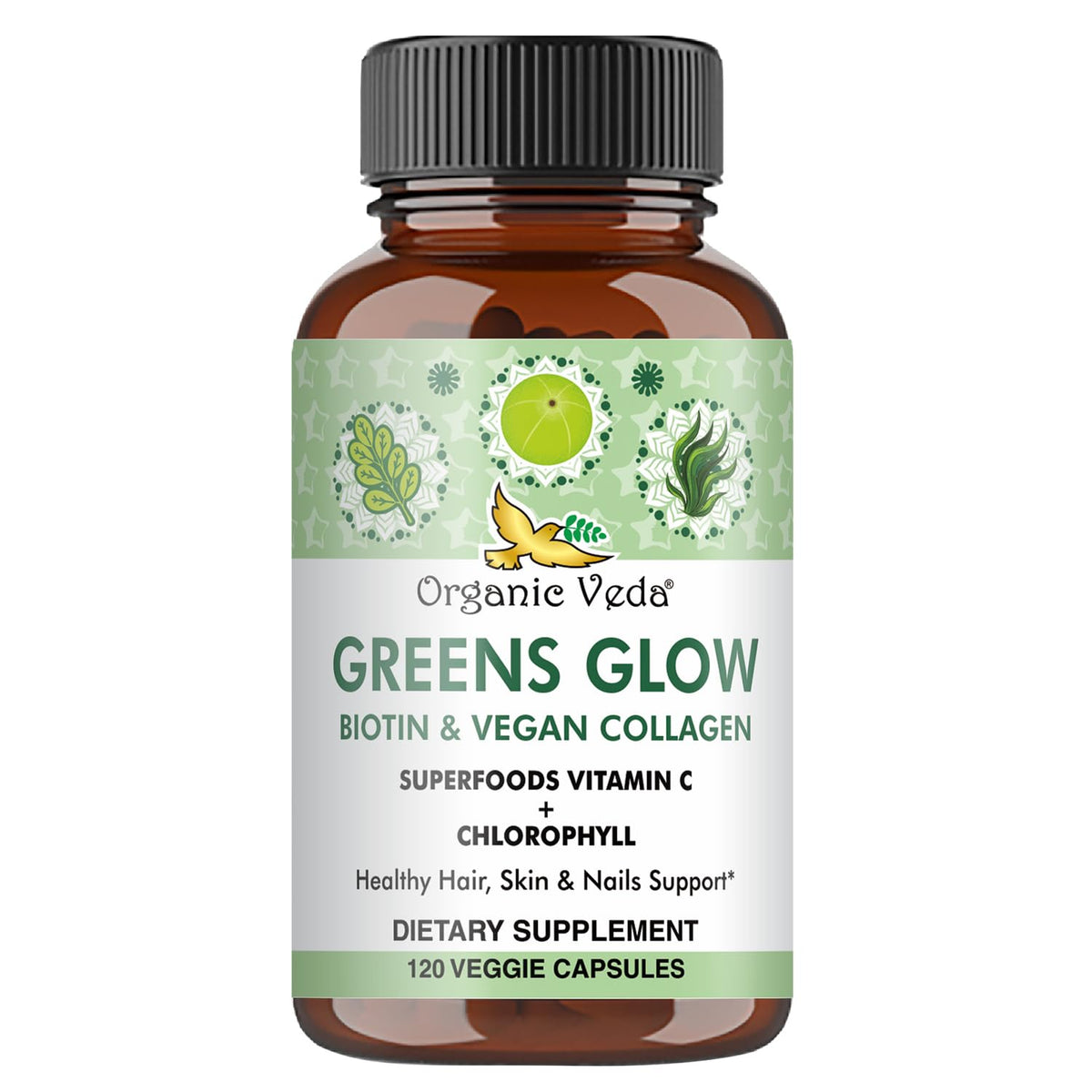 Organic Veda Greens Glow, cápsulas, soporte para cabello y piel saludable