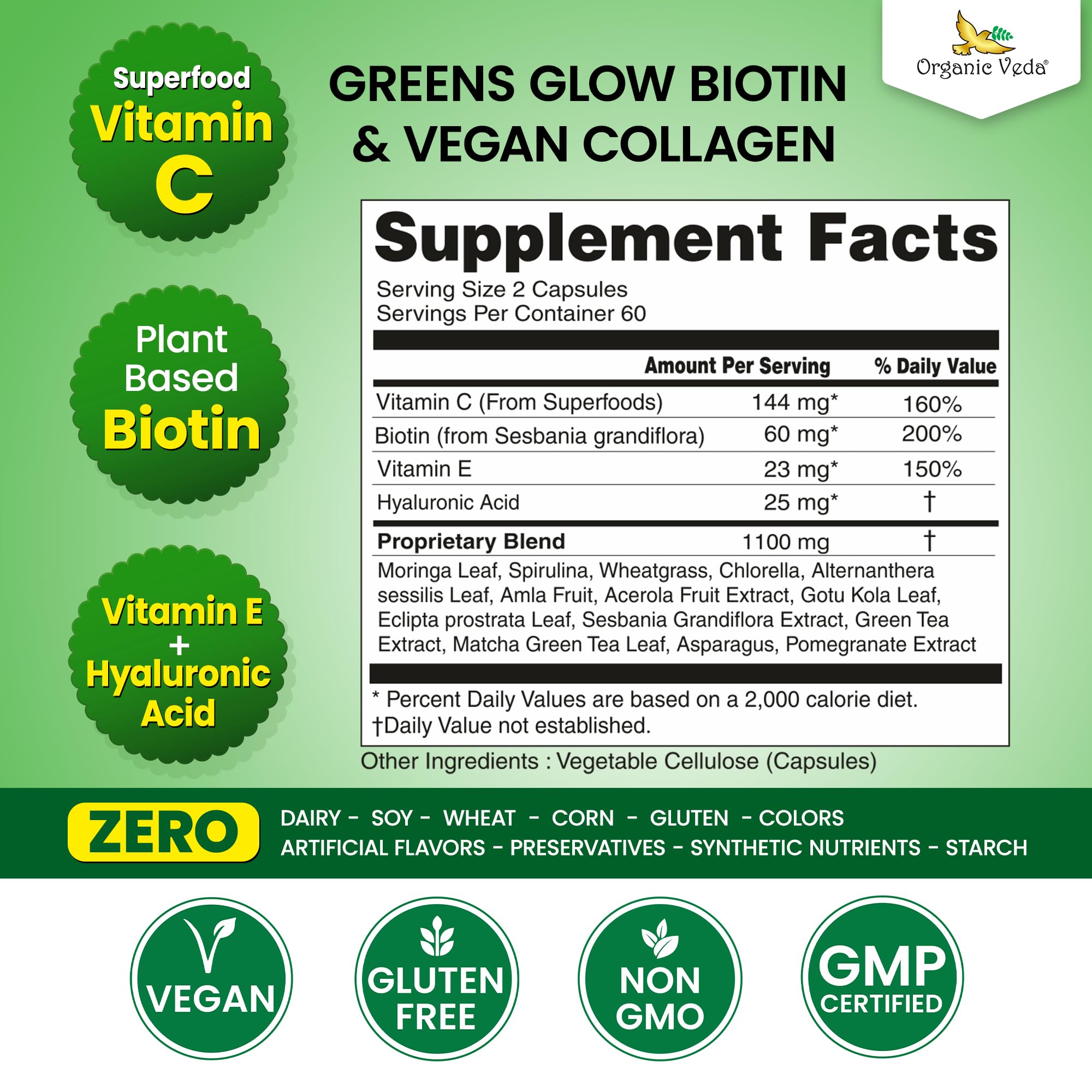 Organic Veda Greens Glow, etiqueta del frasco, opción sin aditivos artificiales