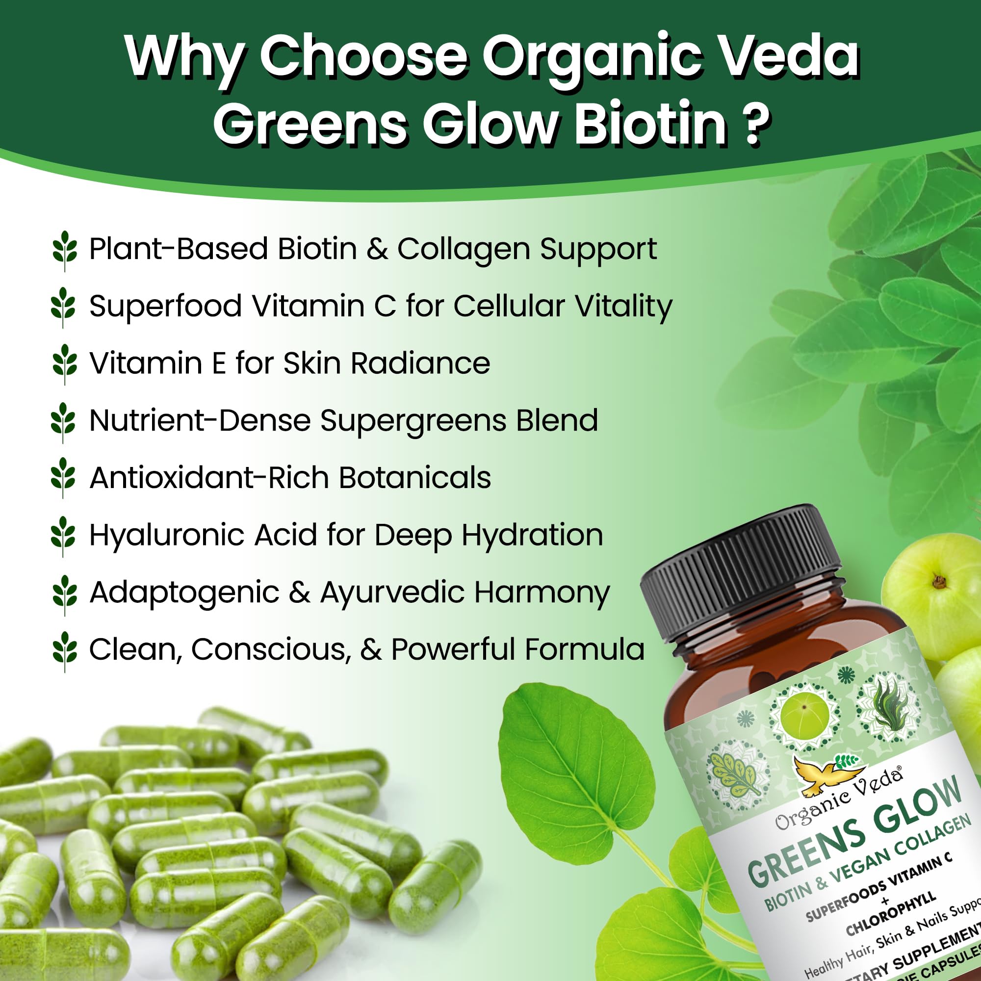 Organic Veda Greens Glow, mezcla de ingredientes clave para salud general