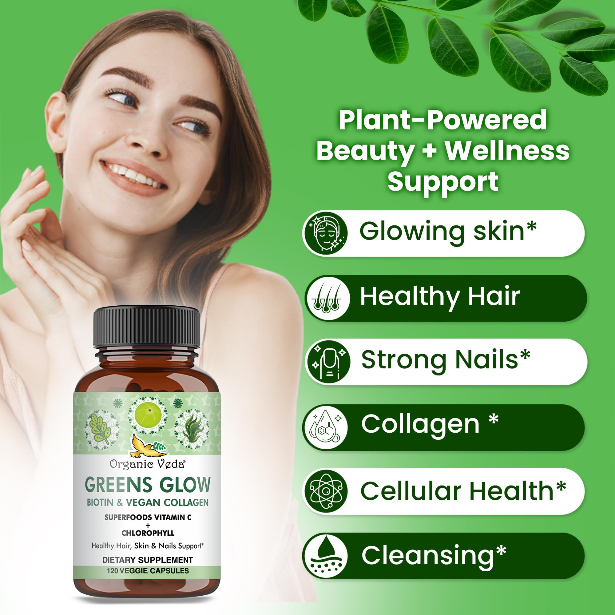 Organic Veda Greens Glow, extractos de moringa y té verde para antioxidantes