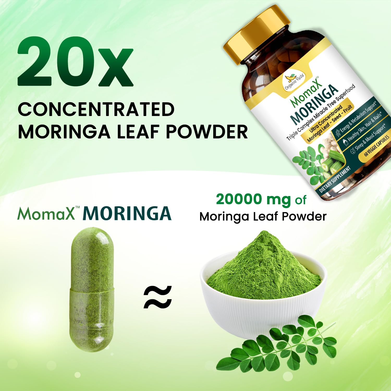 Organic Veda MomaX Moringa, embalaje eco, opción sostenible.