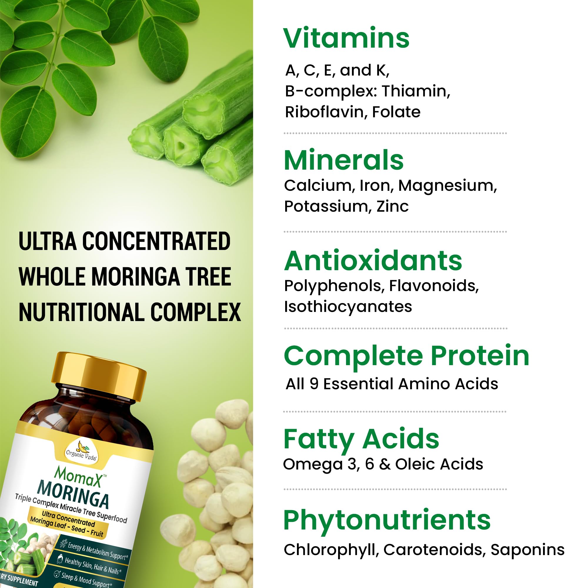 Organic Veda MomaX Moringa, hojas semillas fruto de moringa.