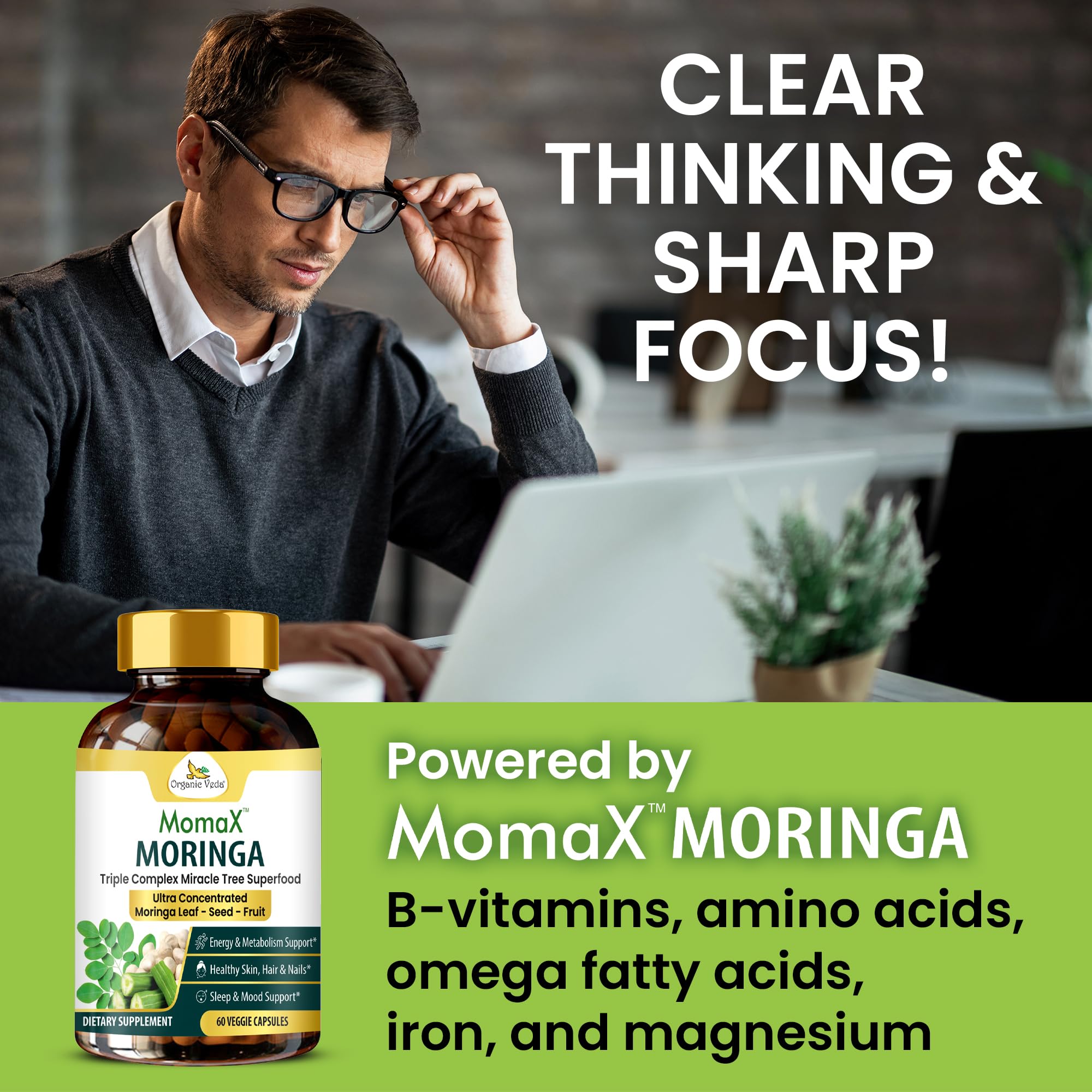 Organic Veda MomaX Moringa, sin aditivos, fórmula vegetal y limpia.