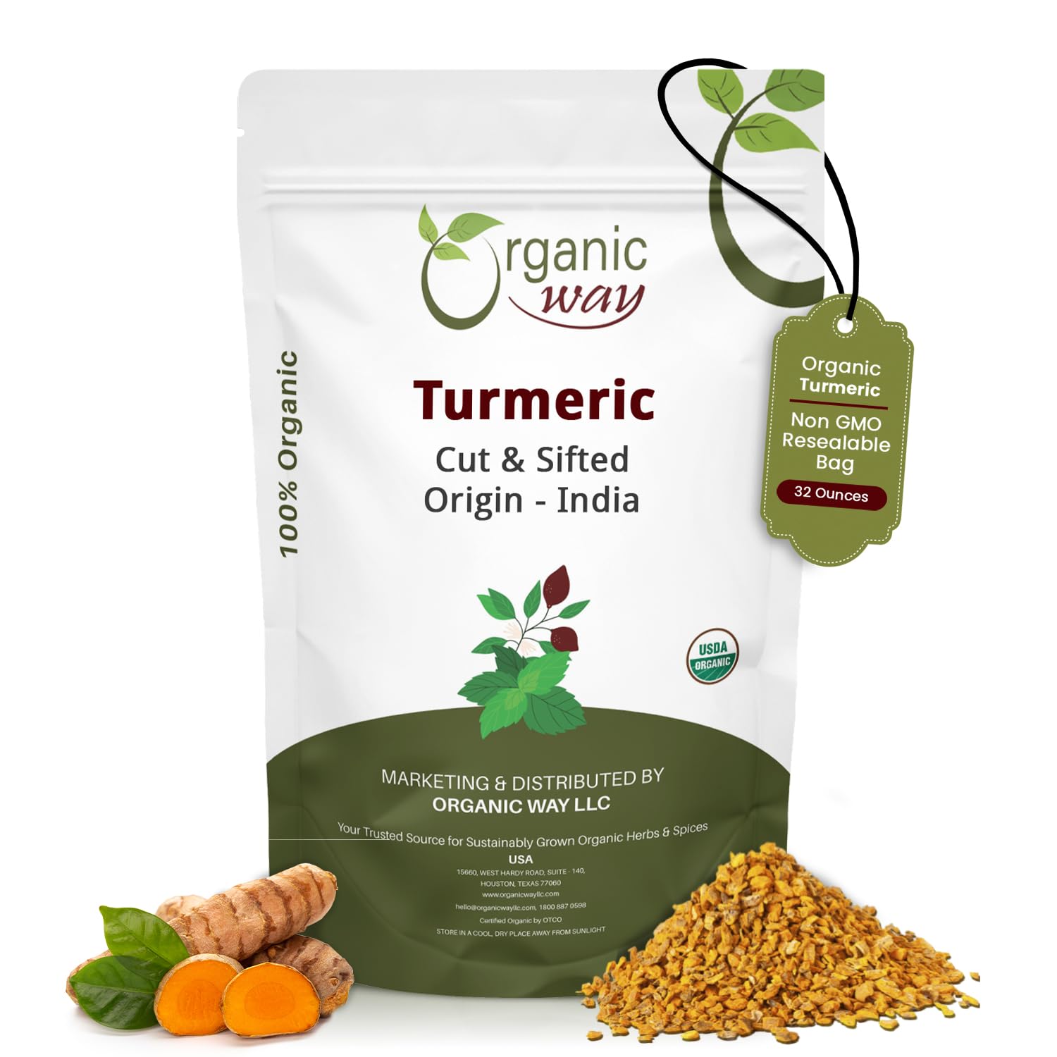 Organic Way: raíz de cúrcuma cortada y sifada para infusiones aromáticas.