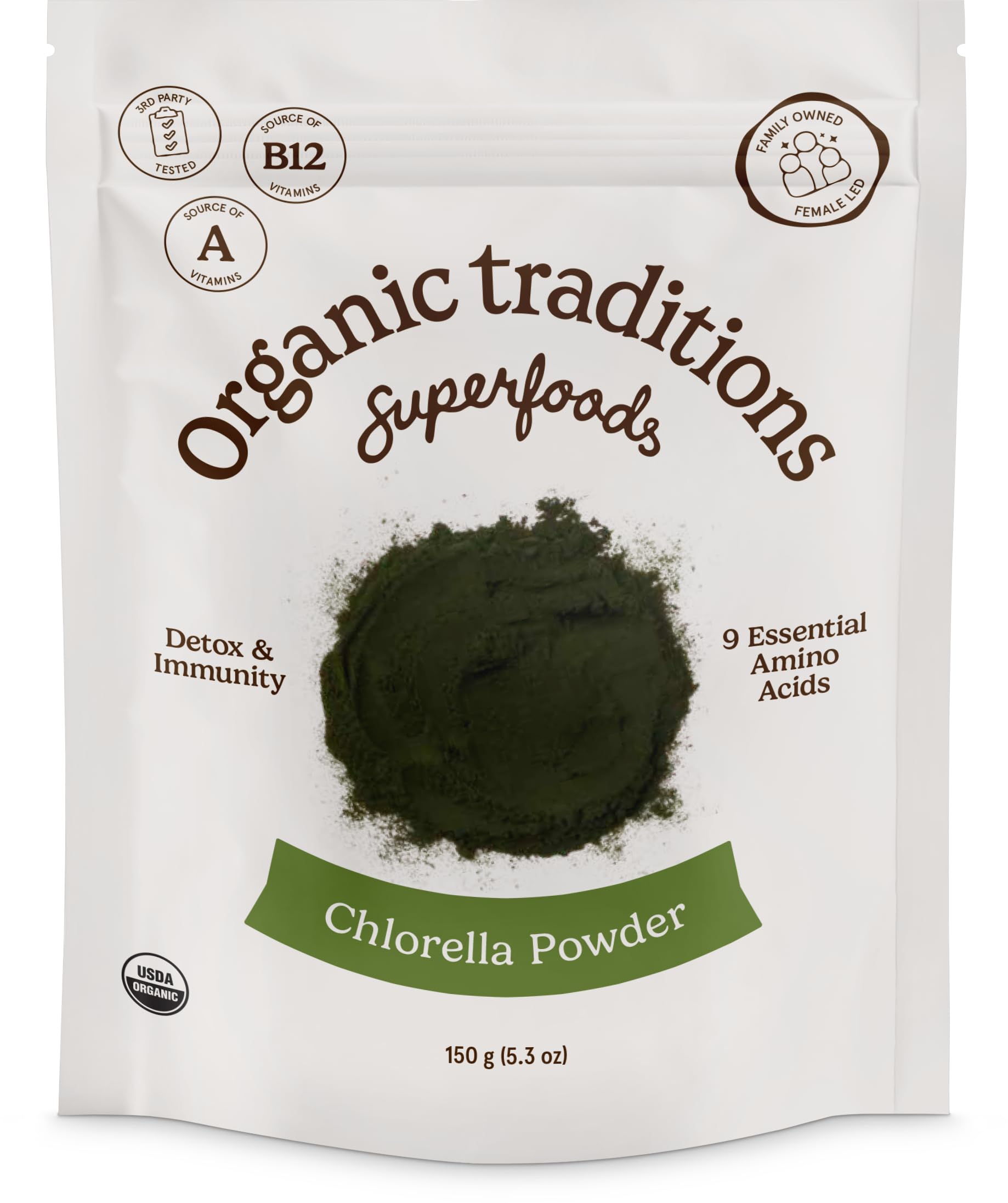 Organic Traditions Chlorella en polvo, bolsa 150 g para batidos diarios.