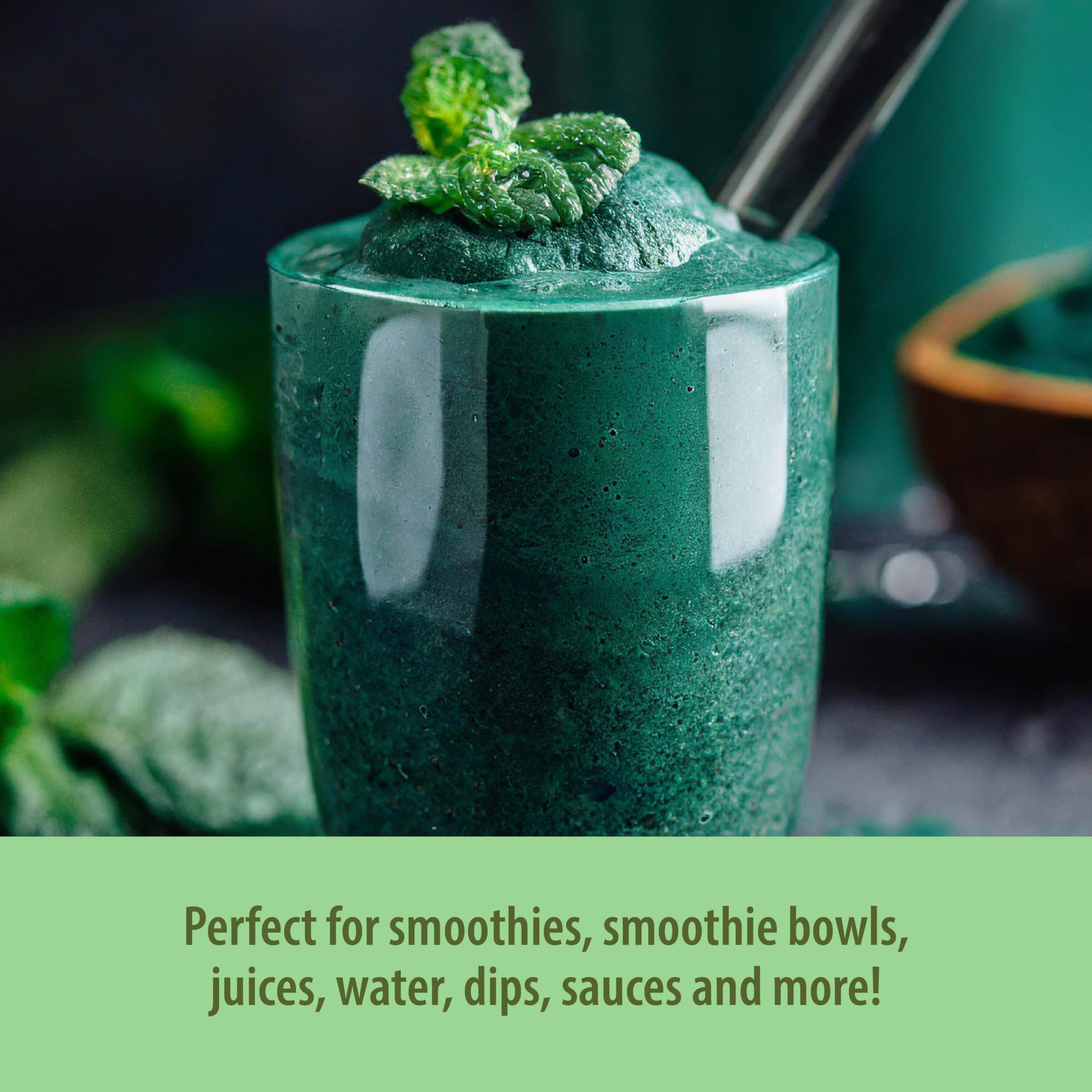 Cuchara medidora de chlorella Organic Traditions para porciones fáciles.