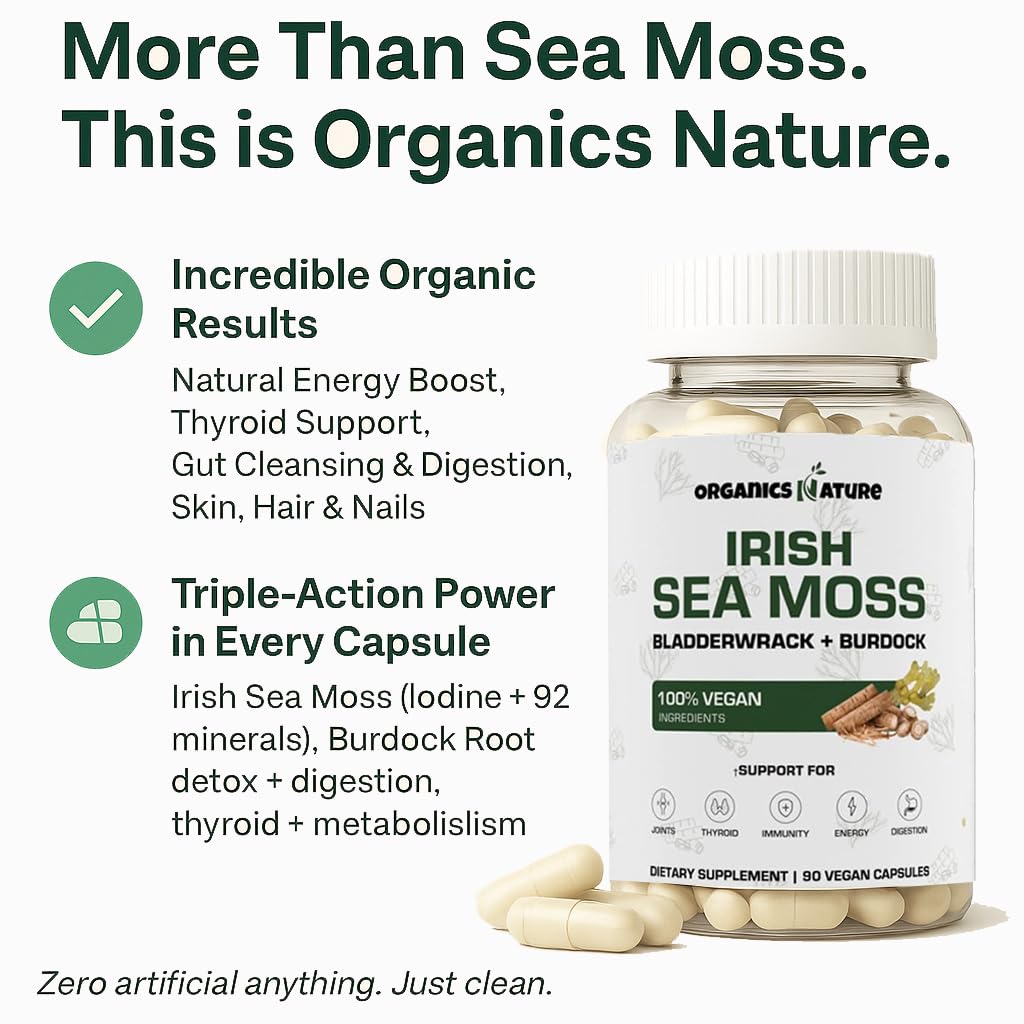 Cápsulas ORGANICS NATURE Sea Moss en uso diario para energía suave.