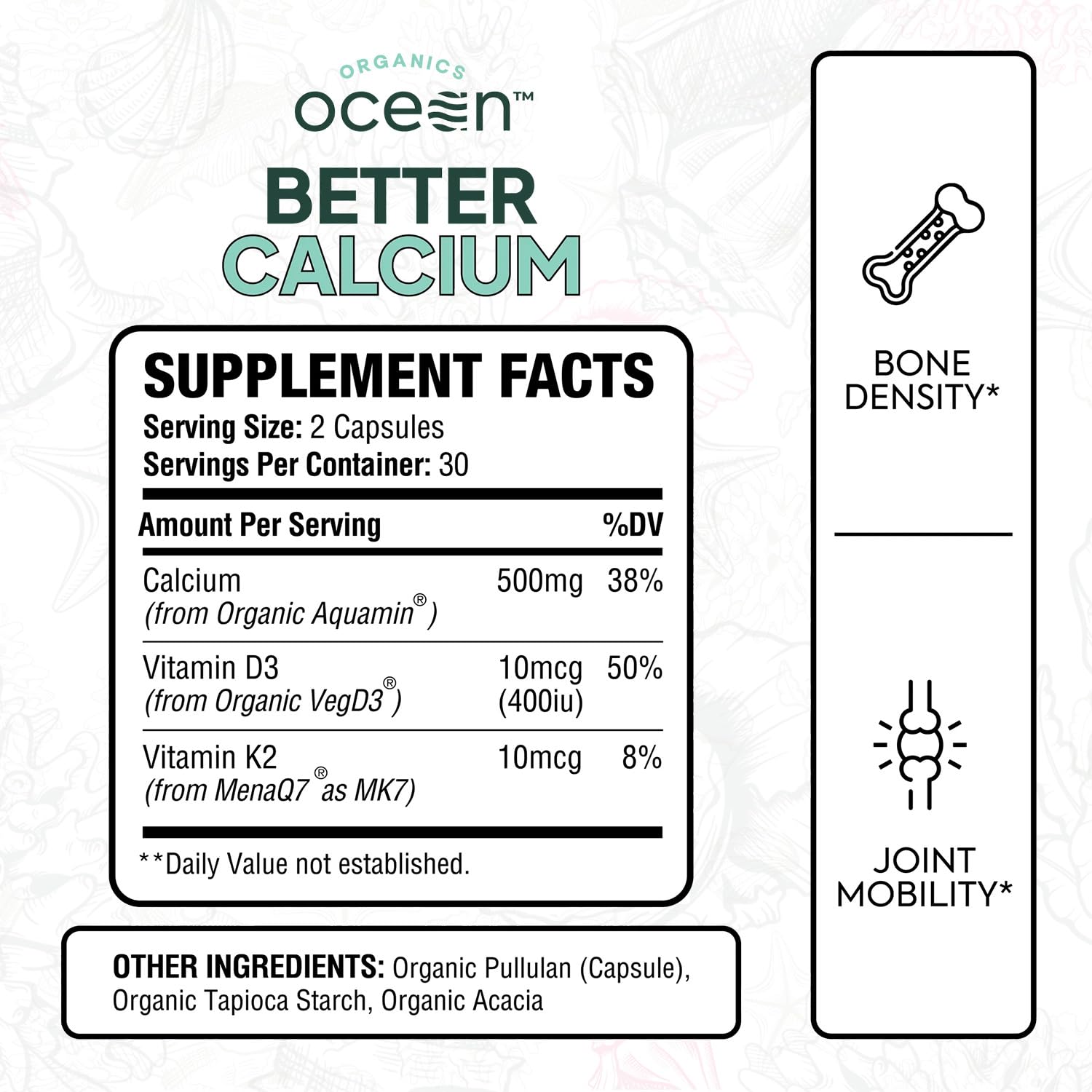 Cápsulas de Organics Ocean Better Calcium, formato vegano para absorción suave.