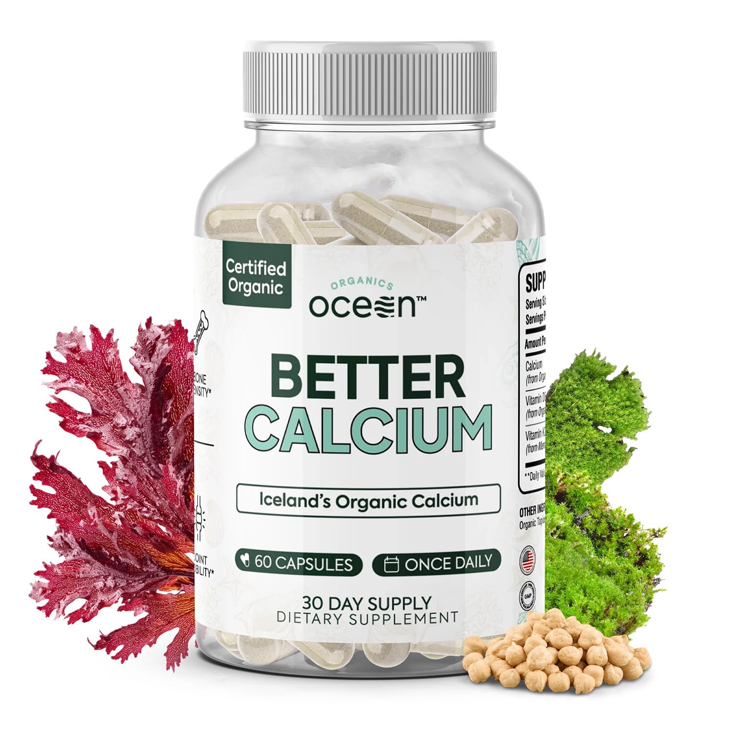 Envase de Organics Ocean Better Calcium, fácil de usar para huesos fuertes.