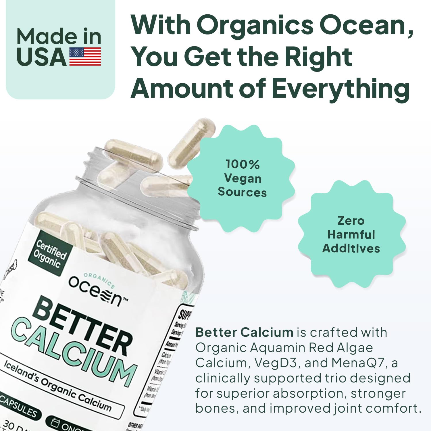 Ingredientes clave VegD3 y K2 en Organics Ocean Better Calcium para huesos saludables.