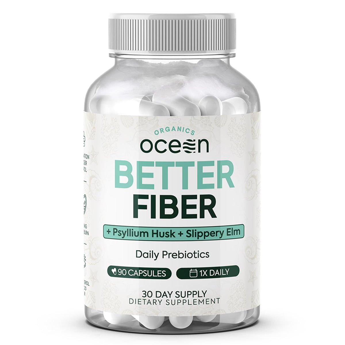 Organics Ocean Better Fiber: botella de cápsulas para uso diario y digestión suave.
