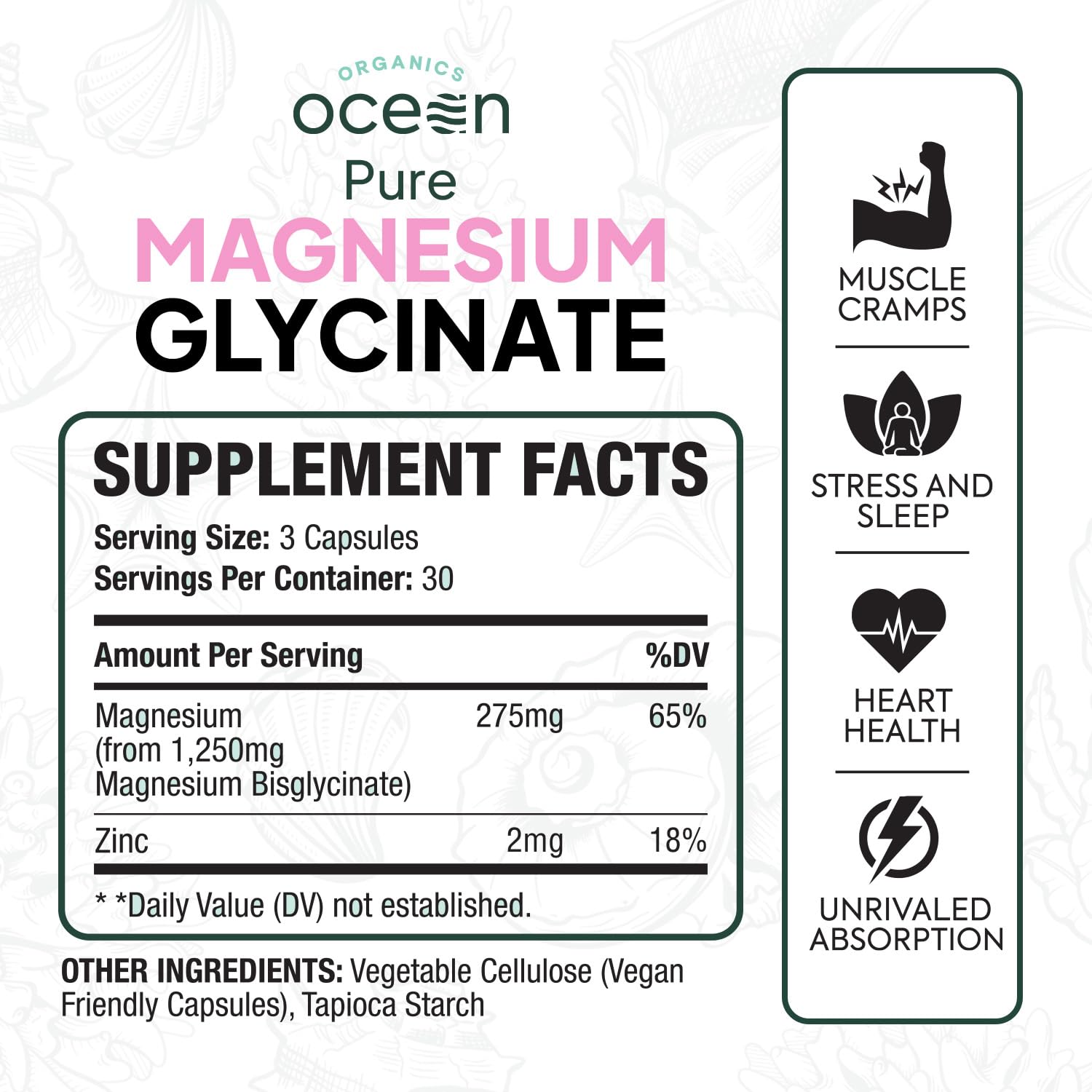 Organics Ocean: cápsulas magnesio glicinato zinc para absorción eficiente.