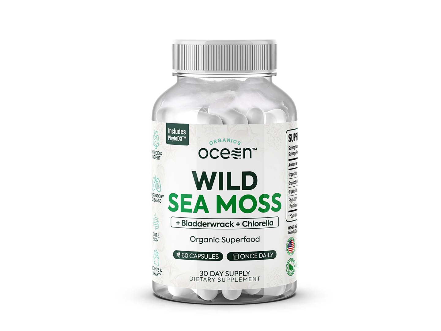 Organics Ocean Cápsulas musgo marino packshot: energía natural y bienestar.