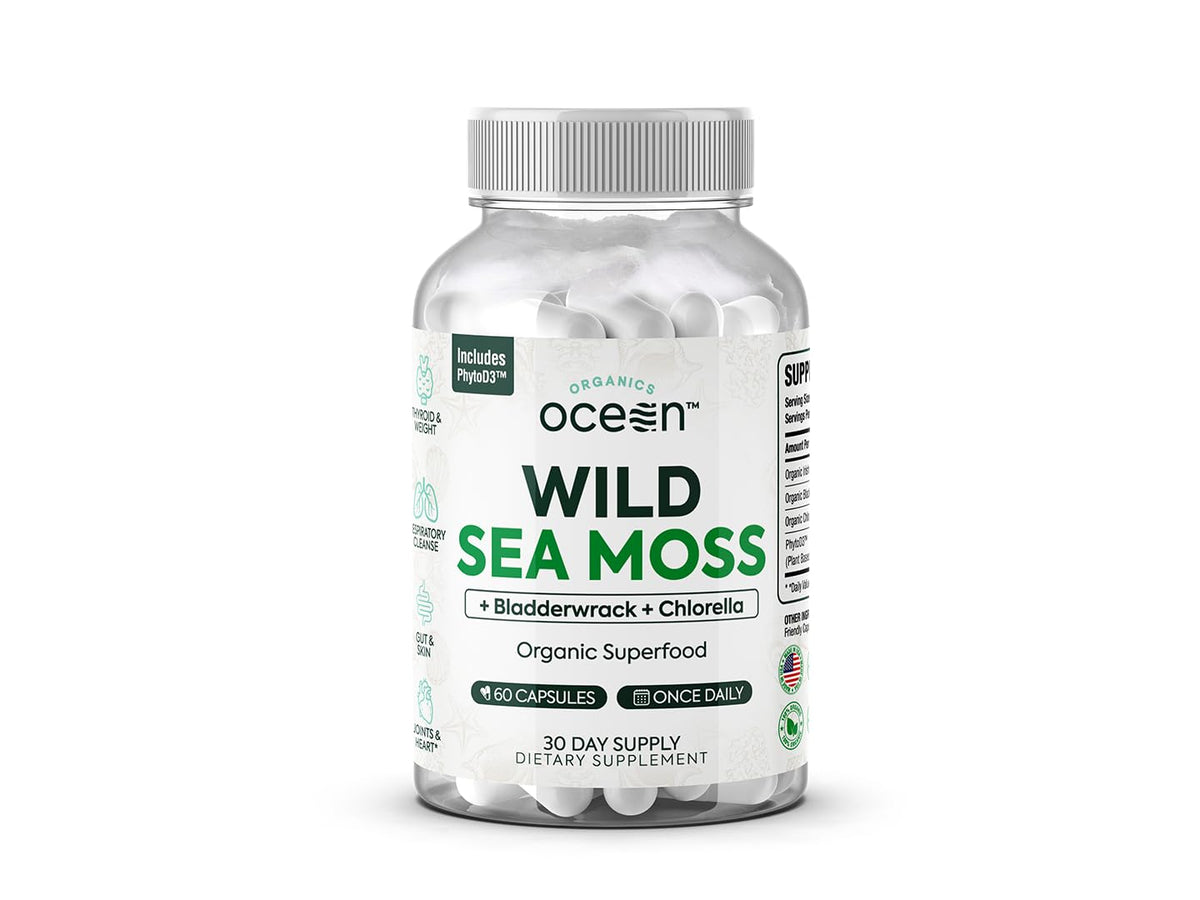 Organics Ocean Cápsulas musgo marino packshot: energía natural y bienestar.