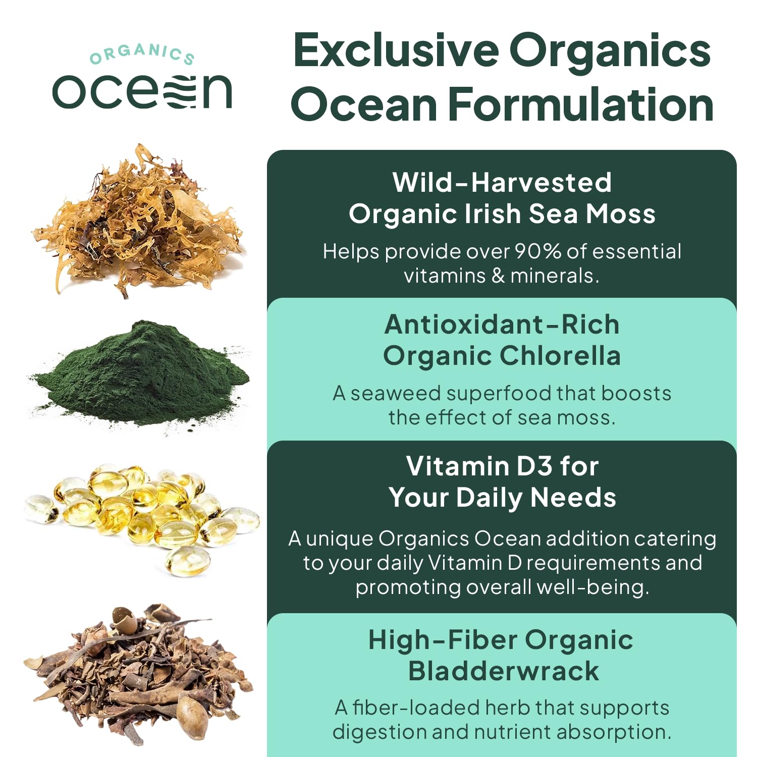 Organics Ocean musgo marino con clorela y fucus vesiculosus: alto contenido mineral.