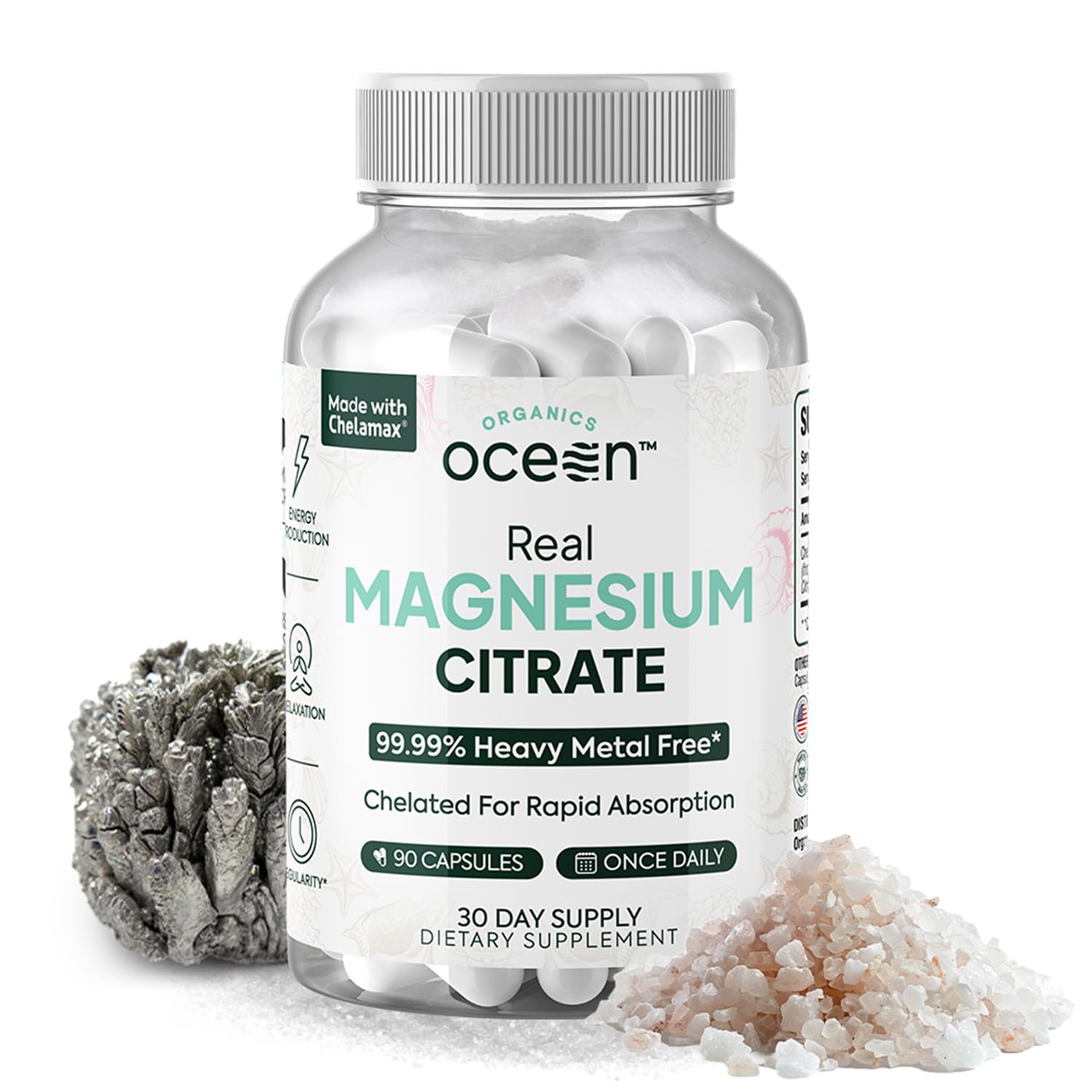 Organics Ocean Real Magnesio Citrato: botella lista para apoyar energía diaria.