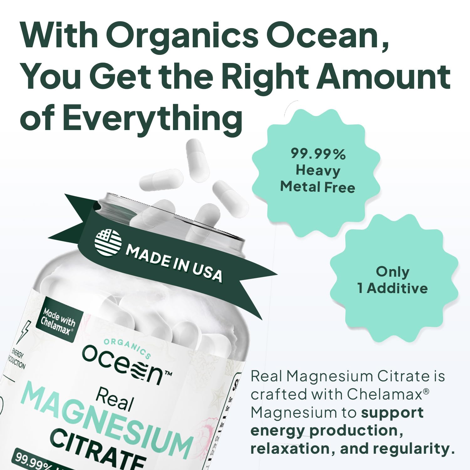 Caja de Organics Ocean Real Magnesio Citrato con dosis diaria segura.