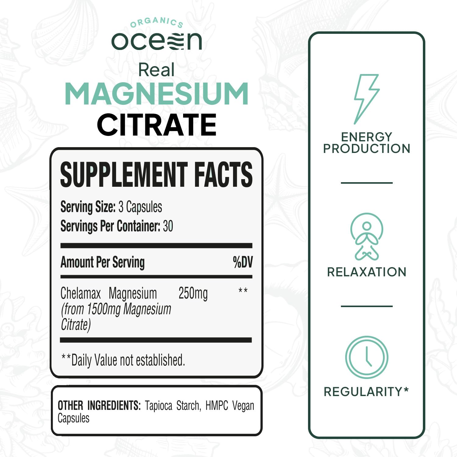 Organics Ocean Real Magnesio Citrato: cápsulas suaves para absorción rápida y comodidad.