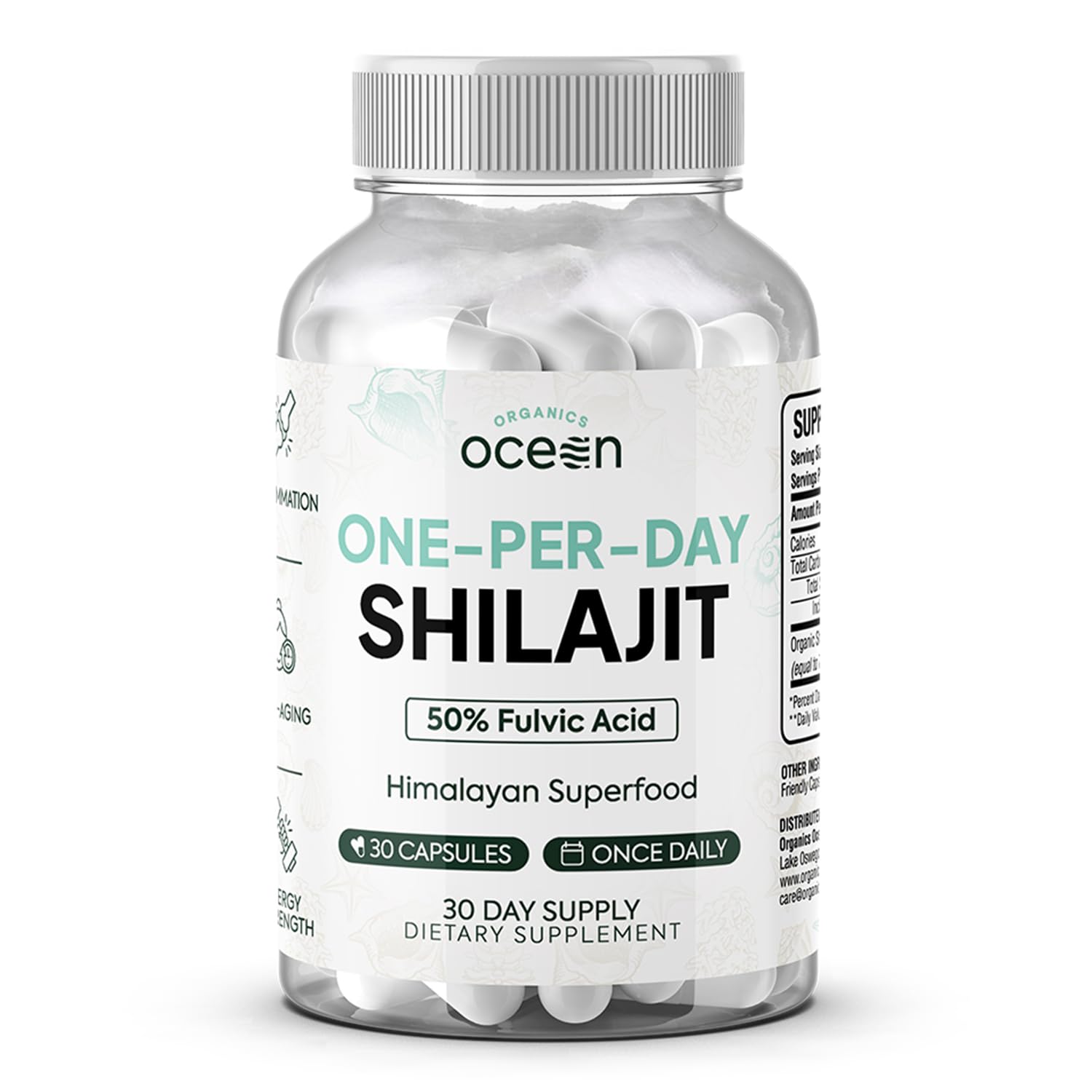 Organics Ocean Shilajit cápsula de un día, apoyo diario de energía sostenible.
