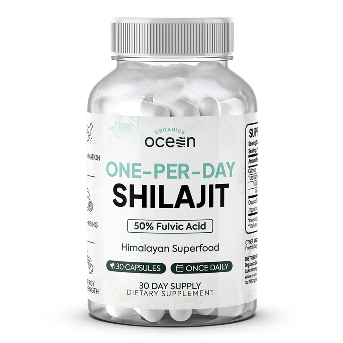 Organics Ocean Shilajit cápsula de un día, apoyo diario de energía sostenible.