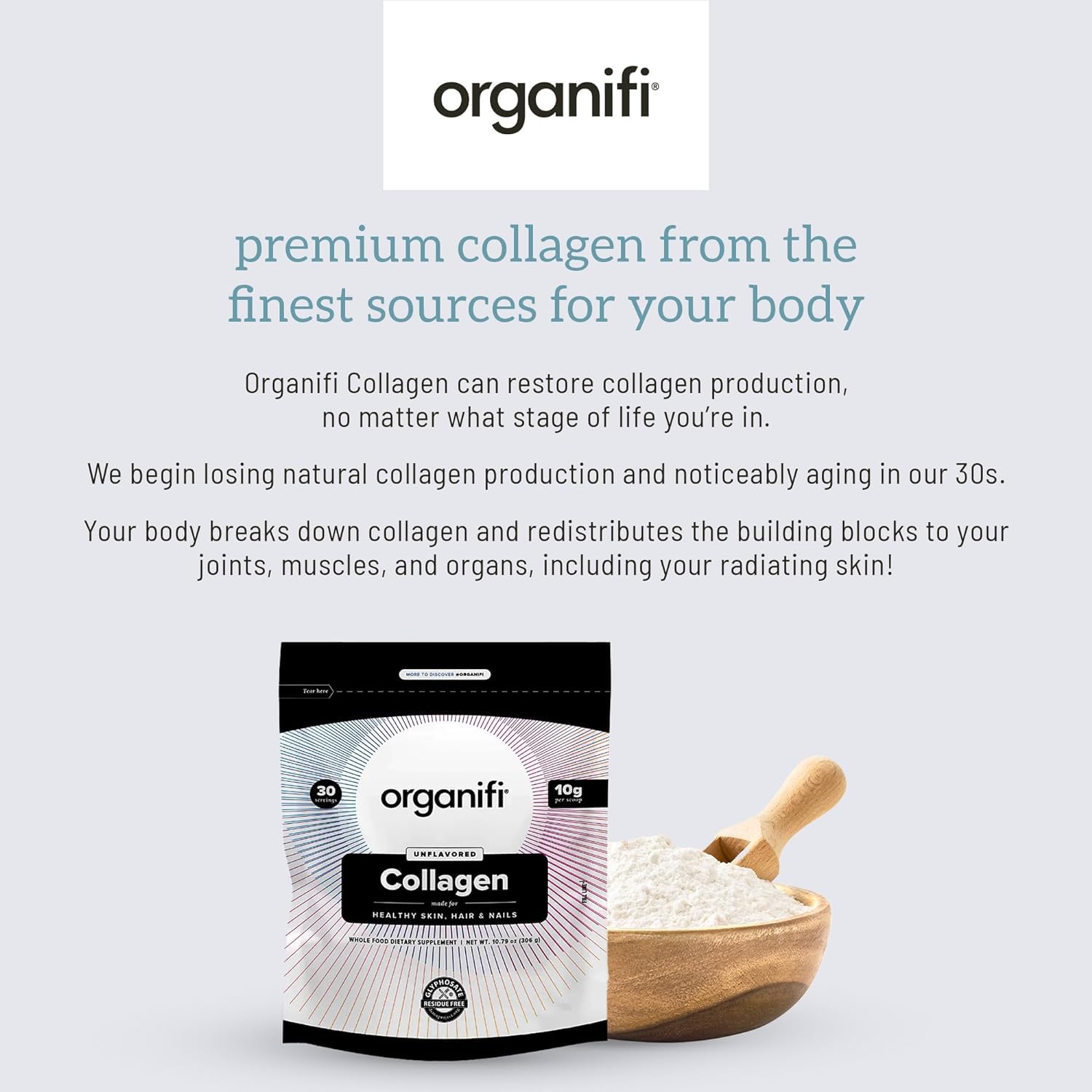 Organifi Colágeno con cuatro ingredientes reales para múltiples tipos de colágeno.