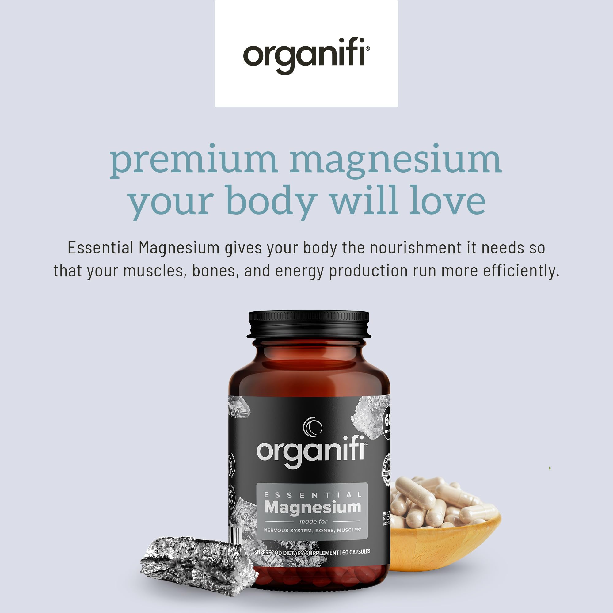 Organifi Essential Magnesium, etiqueta clara destaca magnesio glicinato y beneficios para nervios.