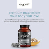 Organifi Essential Magnesium, etiqueta clara destaca magnesio glicinato y beneficios para nervios.