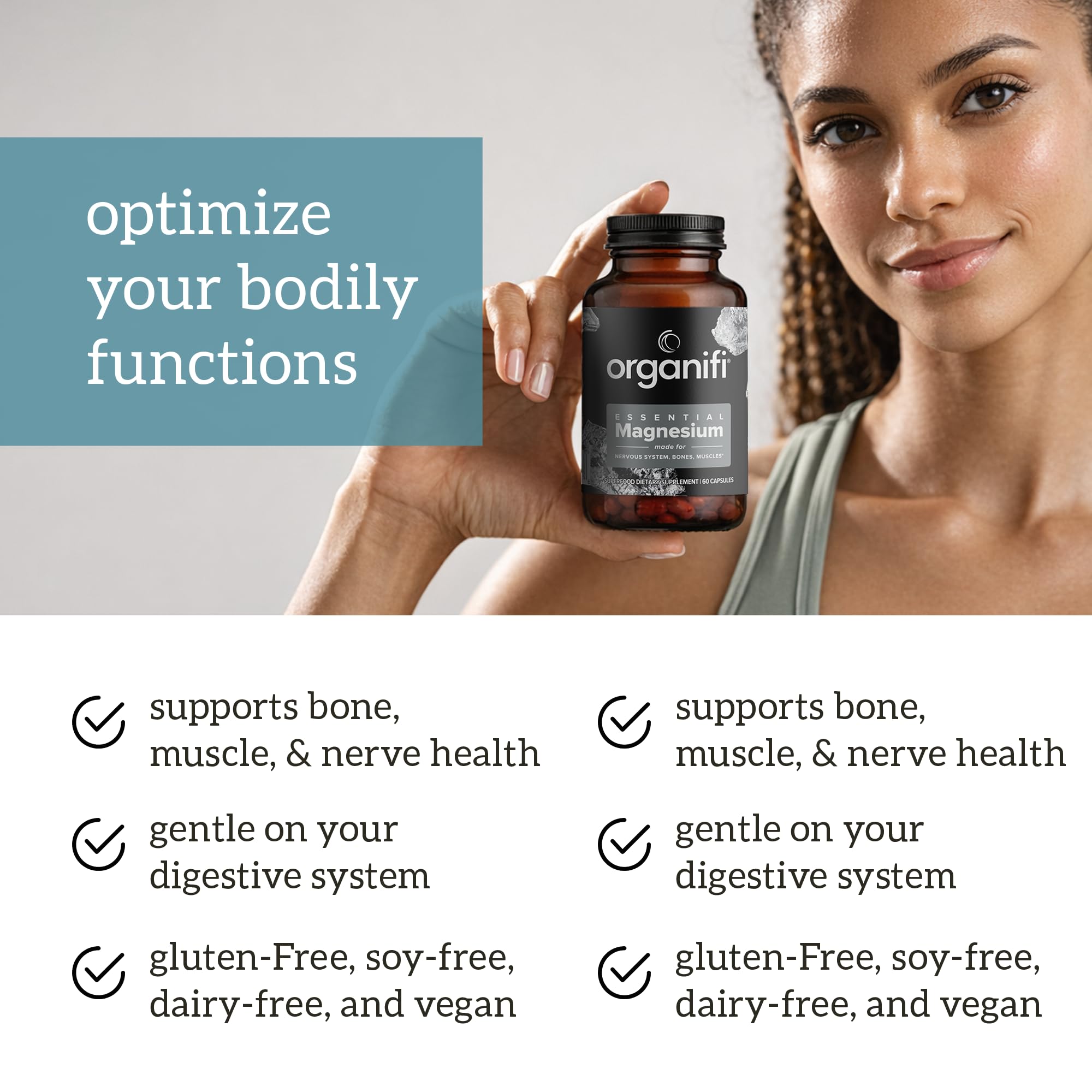 Organifi Essential Magnesium, cápsula en mano para un aporte suave y digestión cómoda.