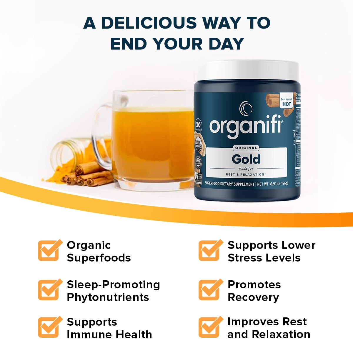 Organifi Gold, leche-de-coco-y-mct, brinda nutrición suave para apoyo nocturno.