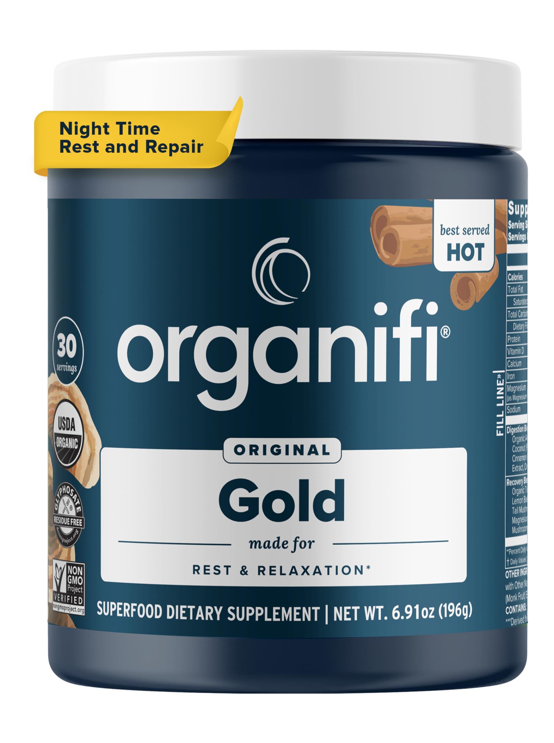 Organifi Gold, polvo-relajacion-noche, favorece un descanso sereno y natural.