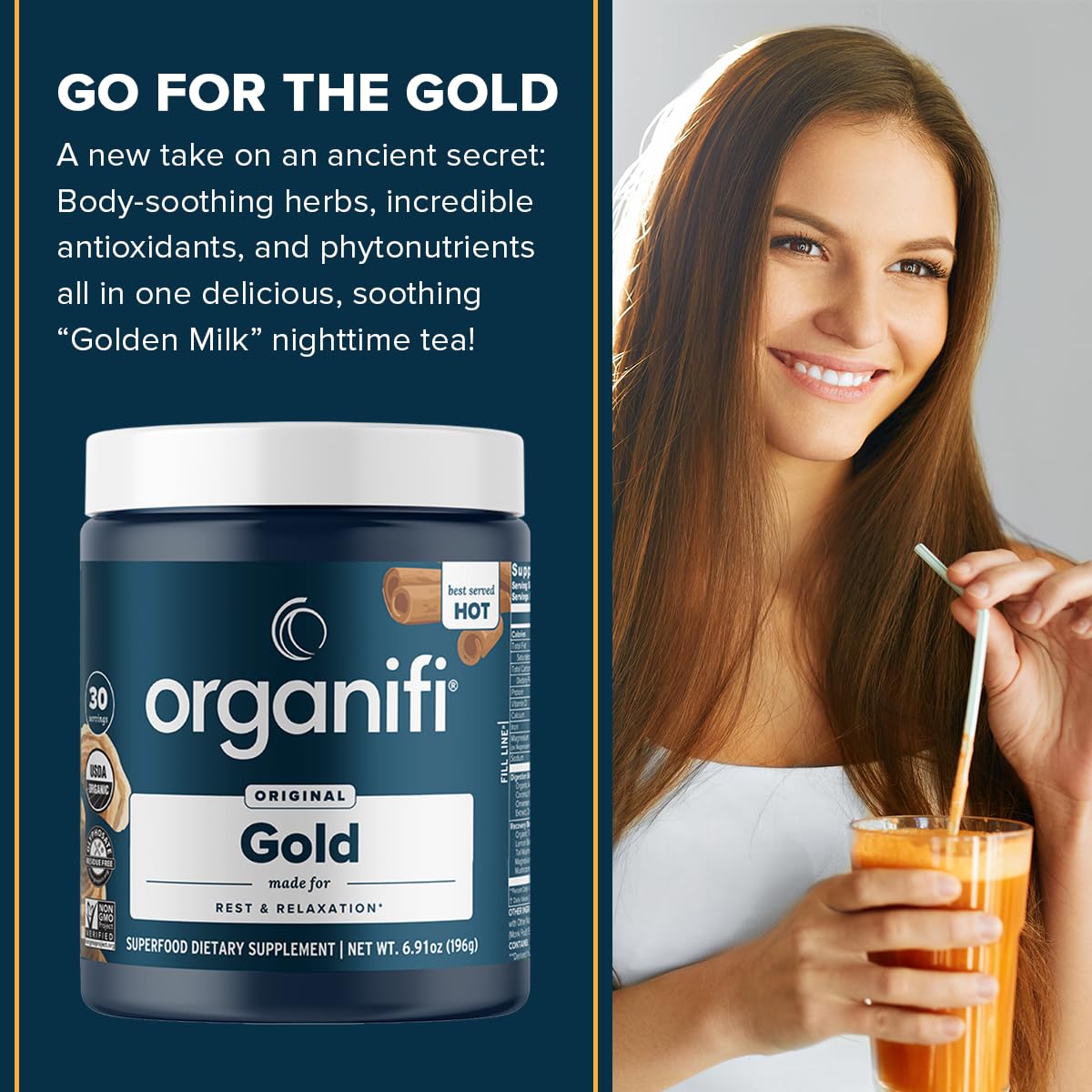 Organifi Gold, reishi-y-cola-de-pavo, ofrece una experiencia calmante para la noche.