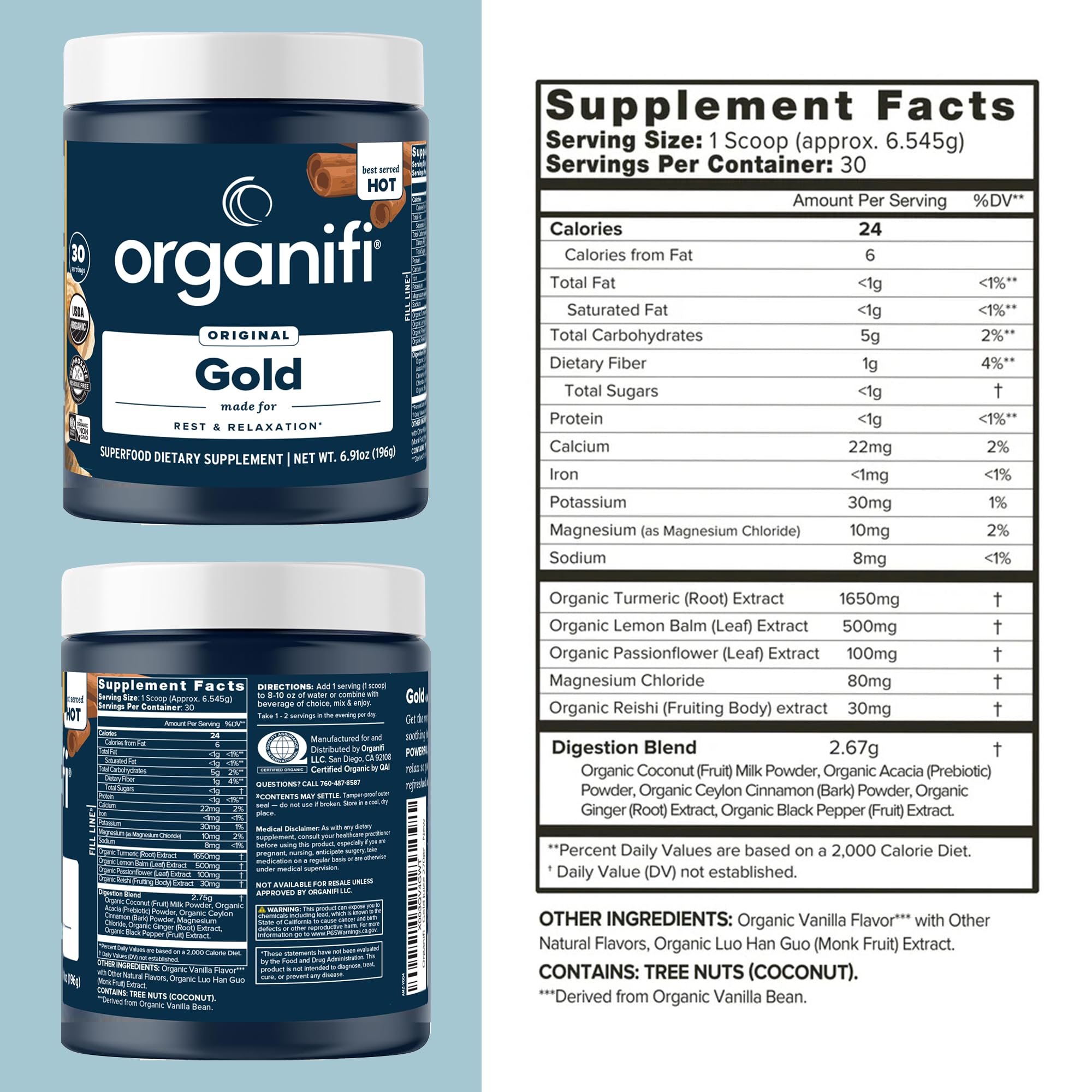 Organifi Gold, taza-leche-coco-cremoso, experiencia suave para la relajación nocturna.