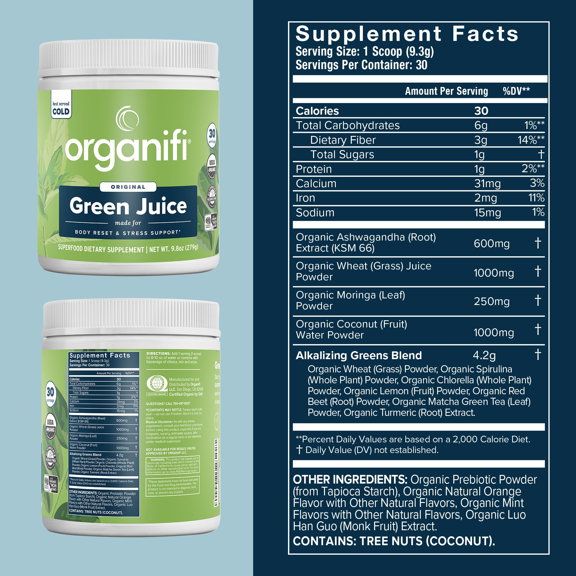 Organifi Green Juice ashwaganda-600mg ayuda a mantener niveles diarios de cortisol dentro de un rango cómodo.