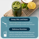Organifi Green Juice sin gluten-dairy-soy aporta vitaminas y minerales.