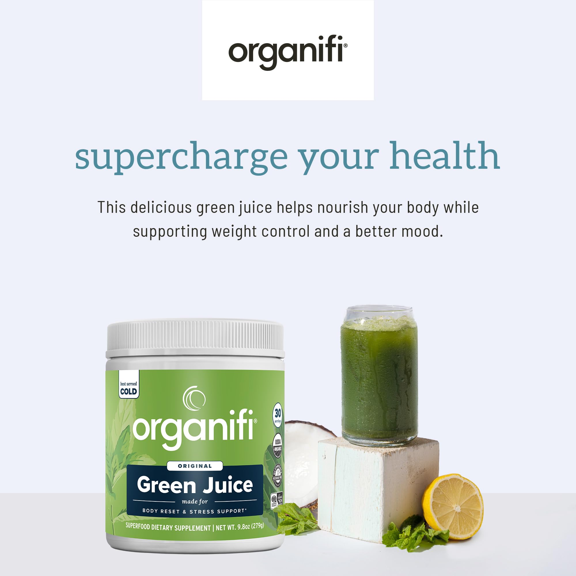 Organifi Green Juice spirulina-chlorella mezcla ofrece nutrición vegetal conveniente.