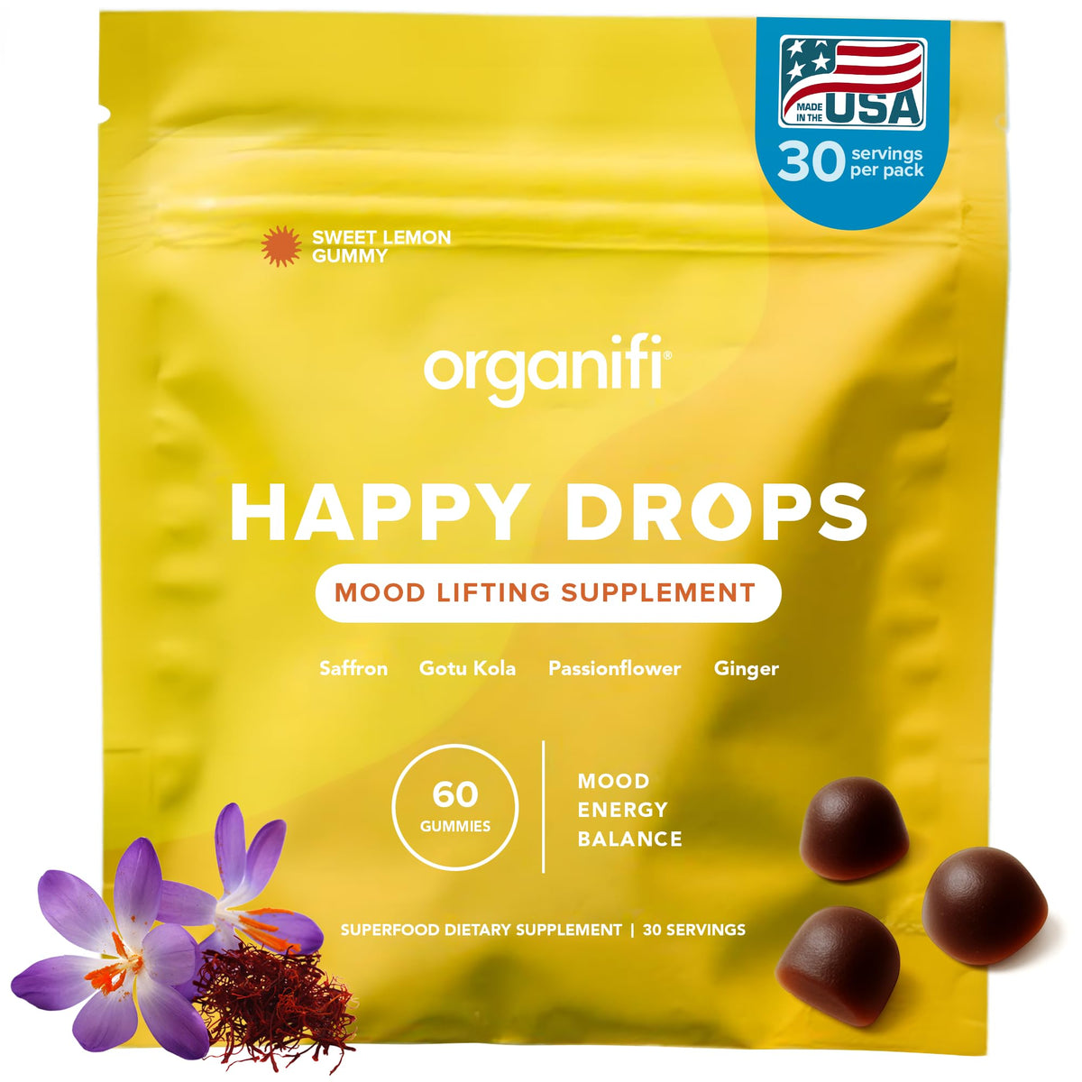 Organiifi Happy Drops envase de gomitas limón para un impulso diario de ánimo.