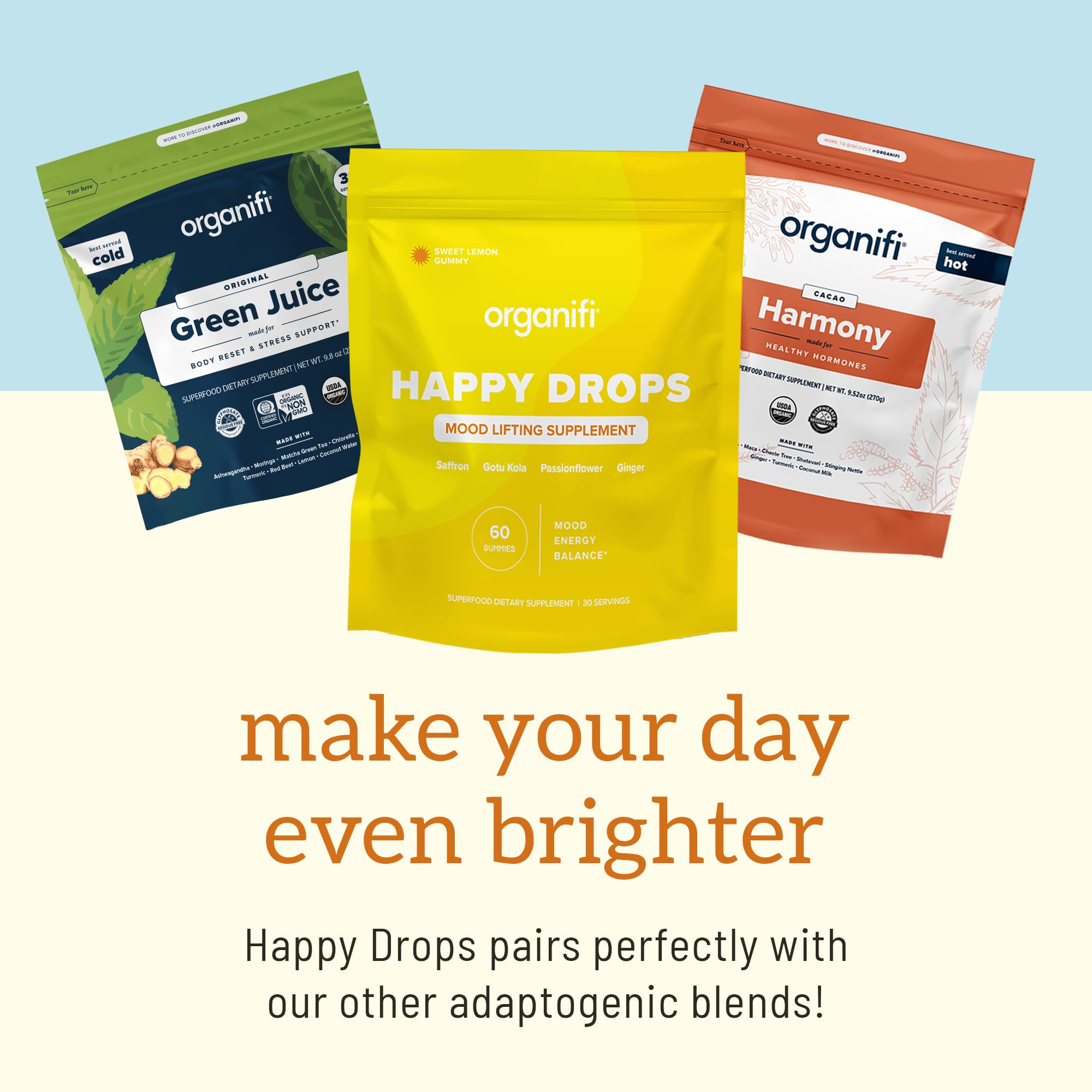 Organifi Happy Drops con flor de la pasión y gotu kola para bienestar suave.
