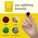 Organifi Happy Drops con safrón, ingrediente clave para apoyo calmante natural.