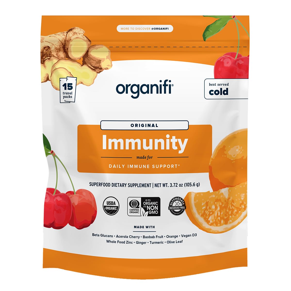 Organifi Immunity: bote frente con polvo para apoyar la inmunidad diaria
