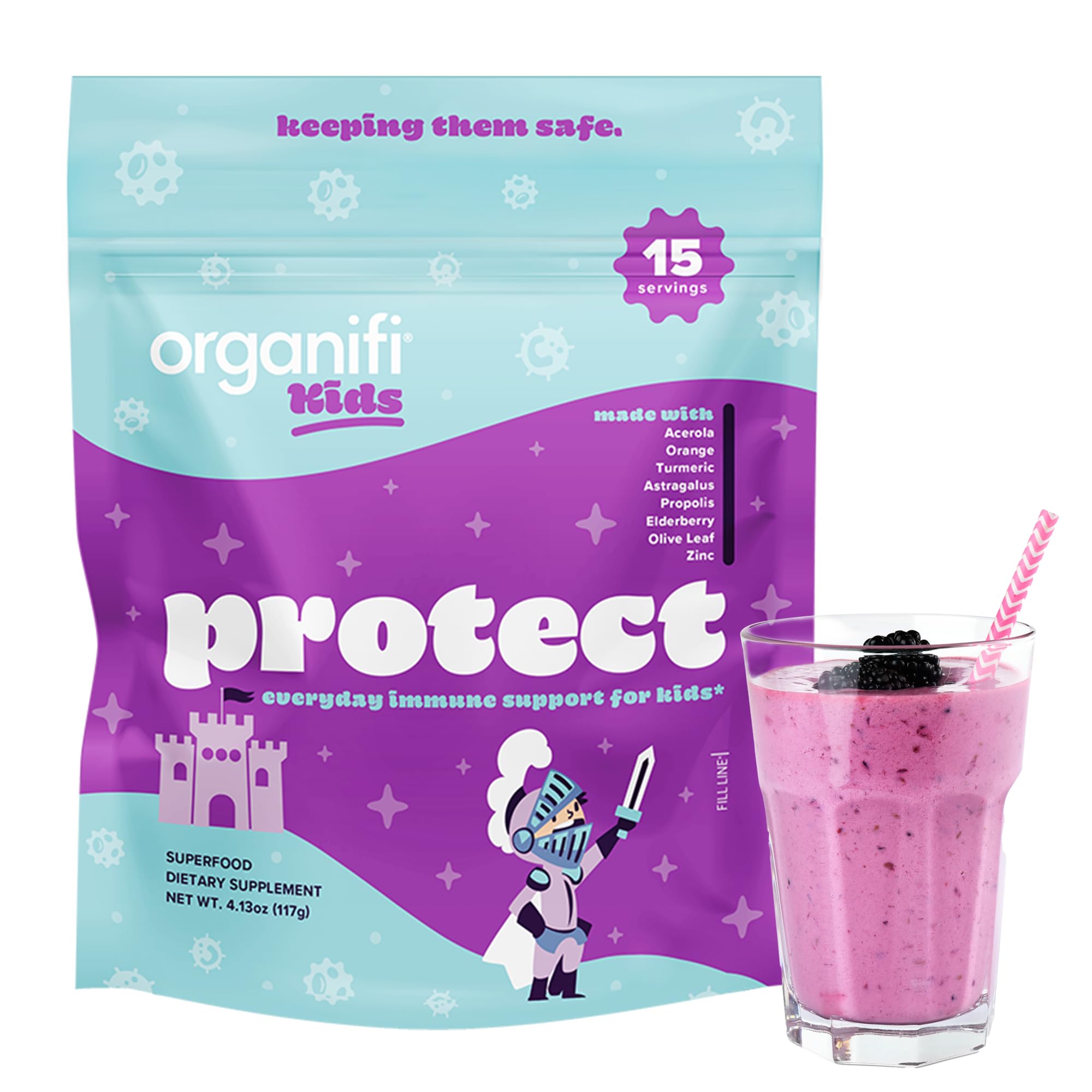 Organifi Kids Protect: cuchara-medidora, polvo sabor baya, para apoyar la rutina diaria de los niños