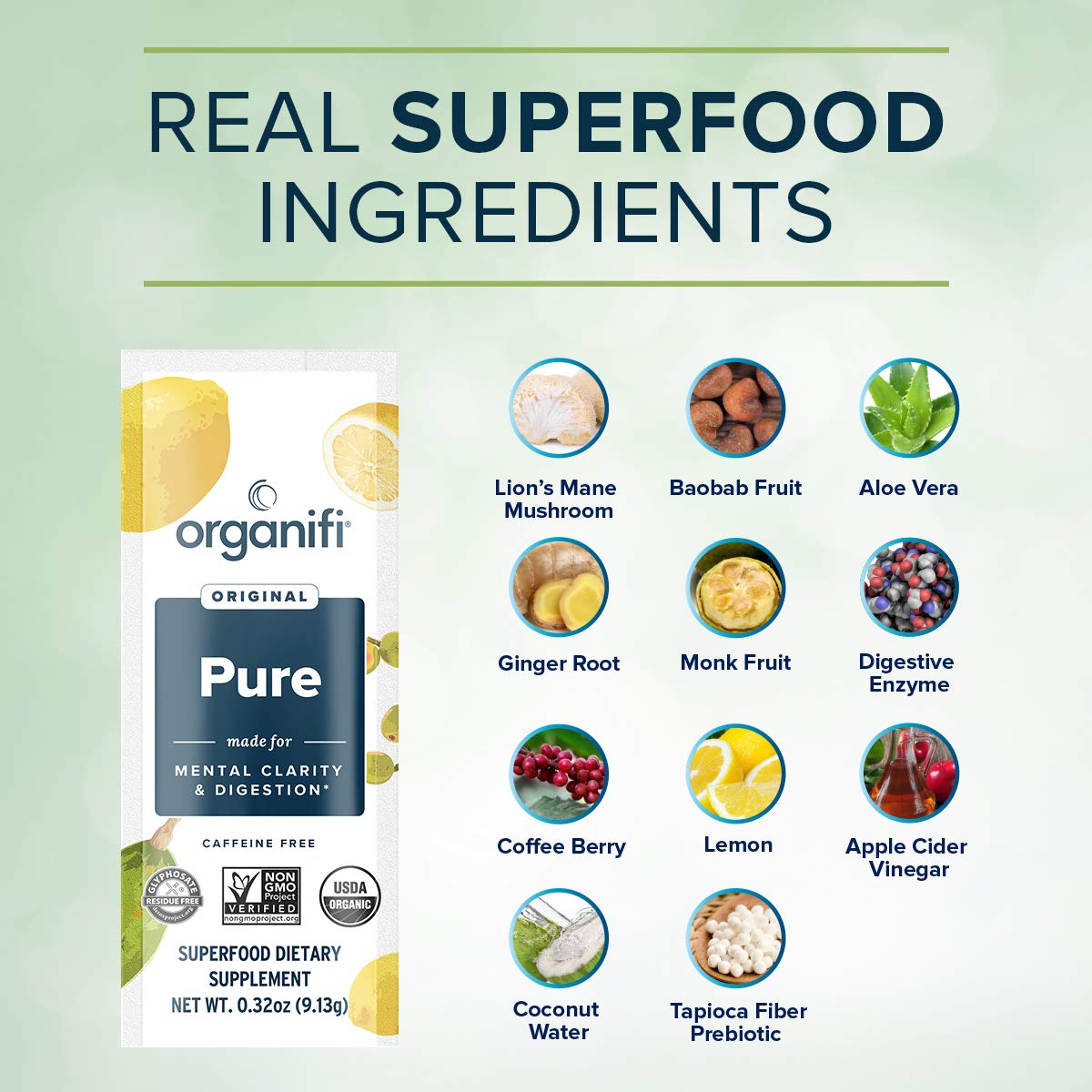 Organifi mezclas inteligentes puras, textura ligera y sabor cítrico para hidratar