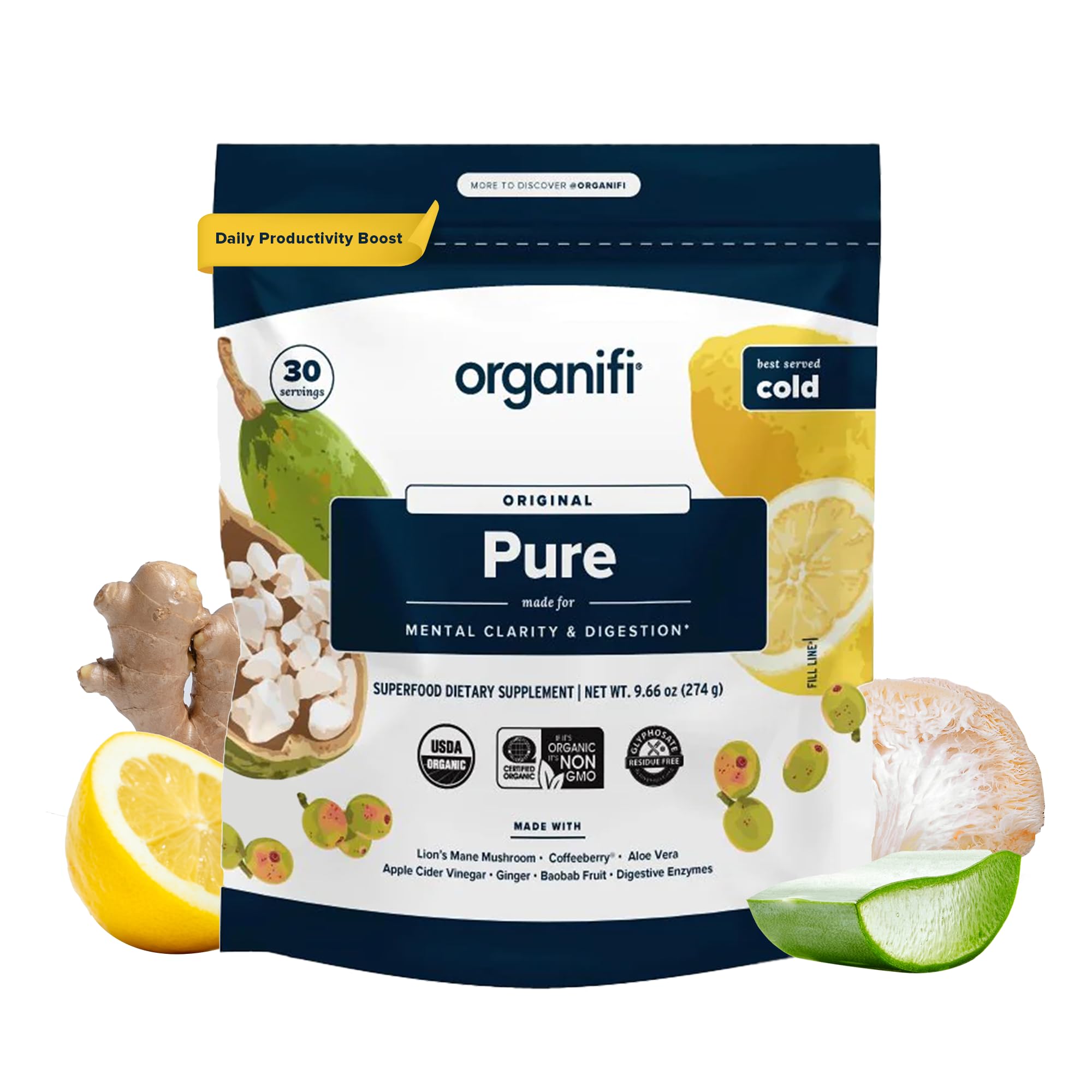 Organifi Pure: botella fría para uso diario y claridad mental.