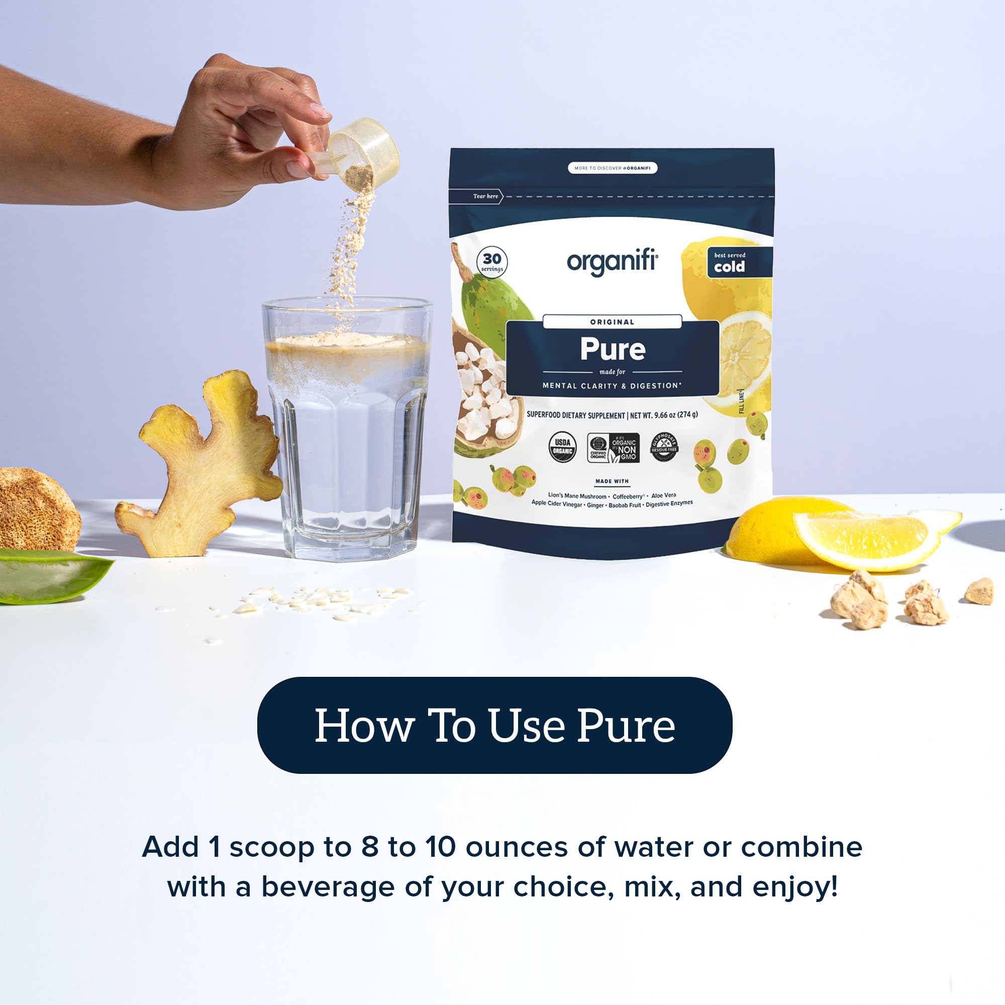 Organifi Pure: estante de cocina como opción rápida para productividad.
