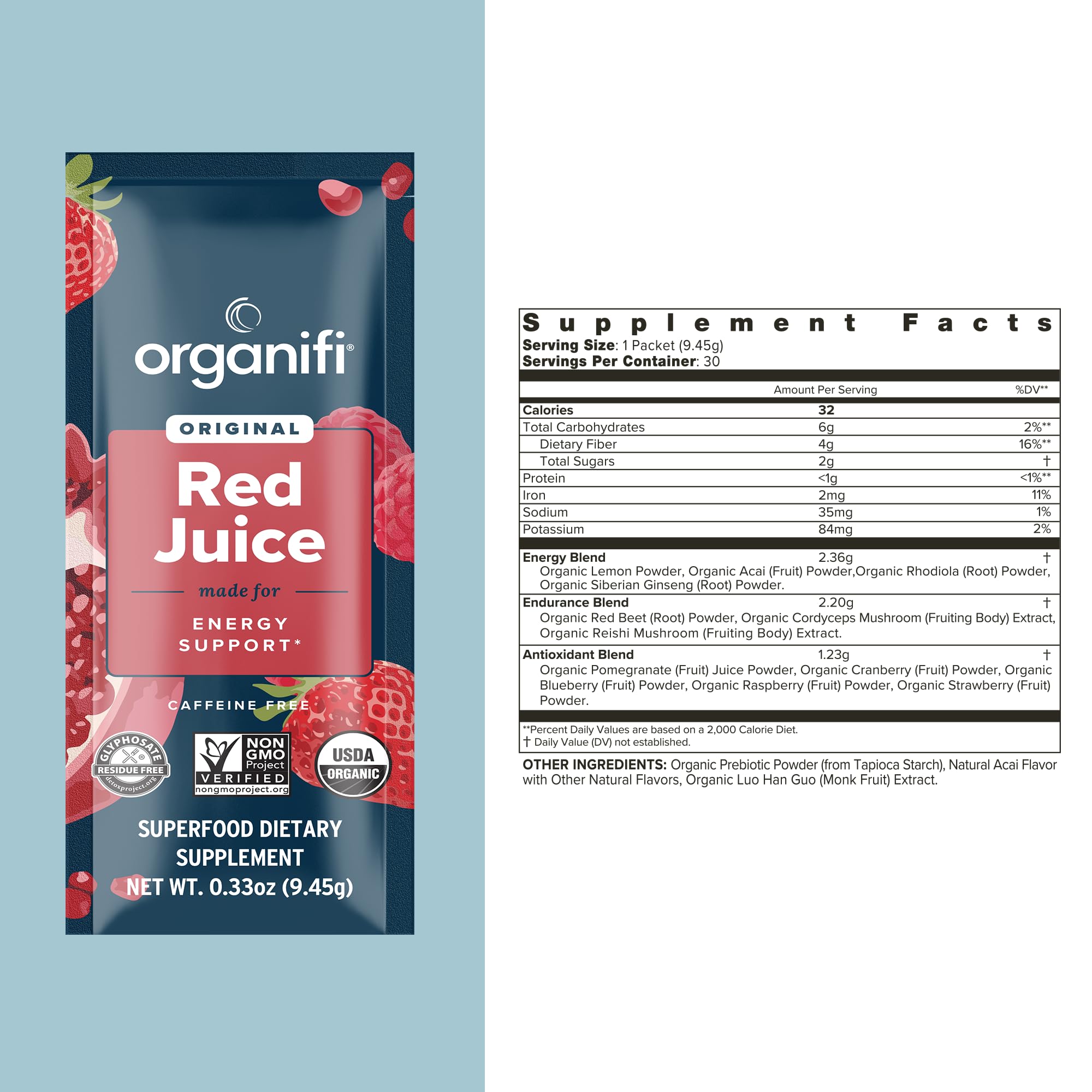 Organifi Red Juice, cuchara medidora incluida facilita dosificación precisa.